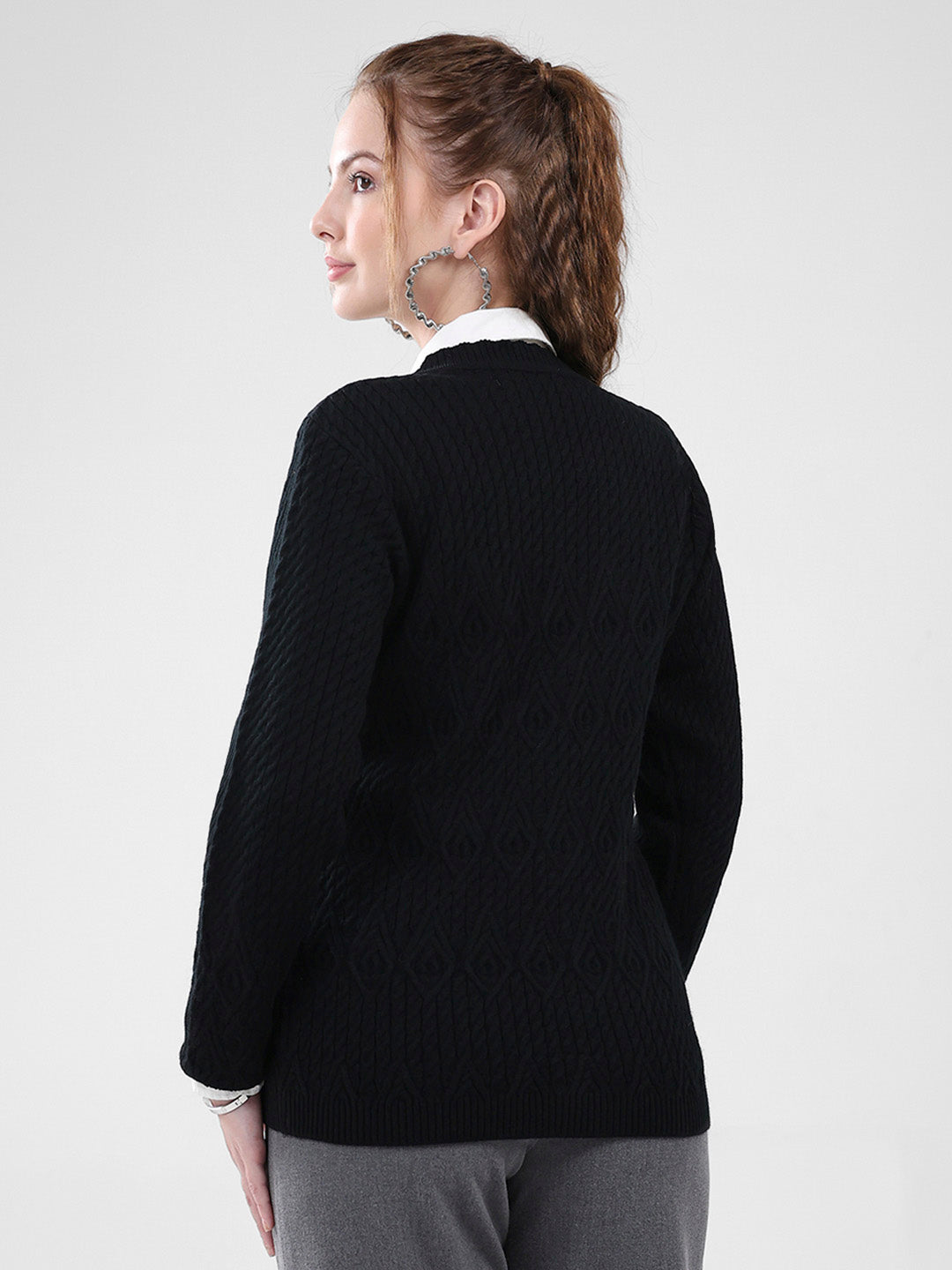 Women Black Self Design V Neck Full Sleeve Cardigan