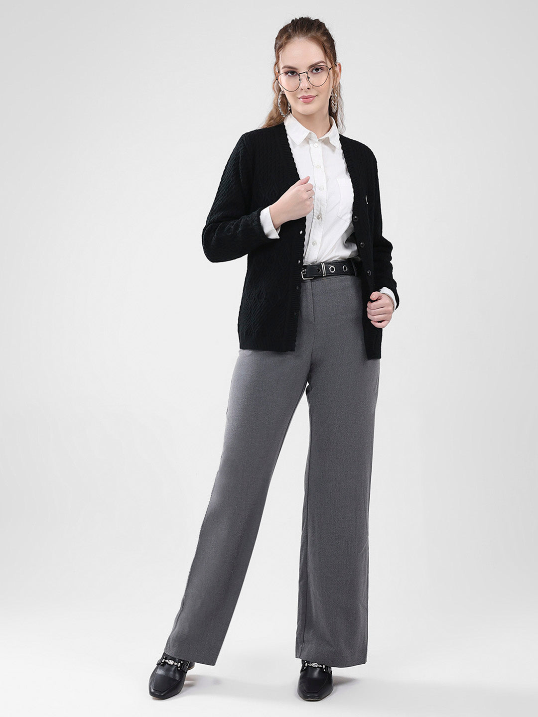 Women Black Self Design V Neck Full Sleeve Cardigan