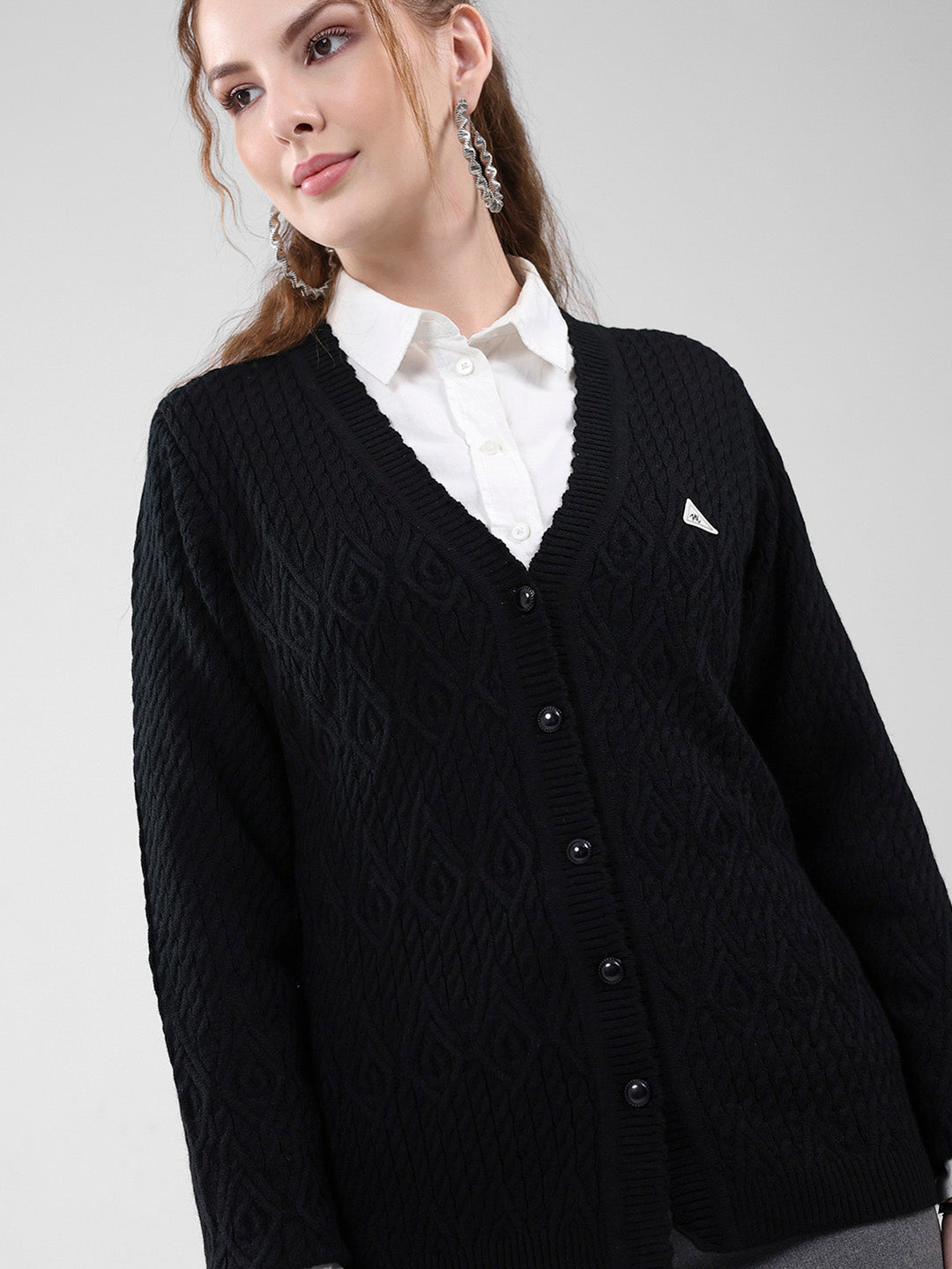 Women Black Self Design V Neck Full Sleeve Cardigan