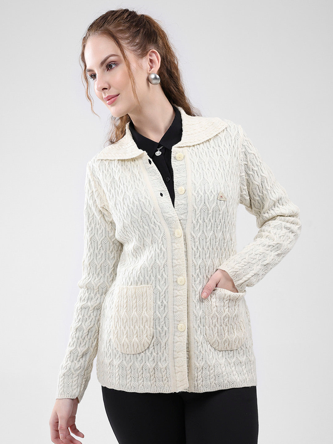 Women White Self Design Collar Full Sleeve Cardigan
