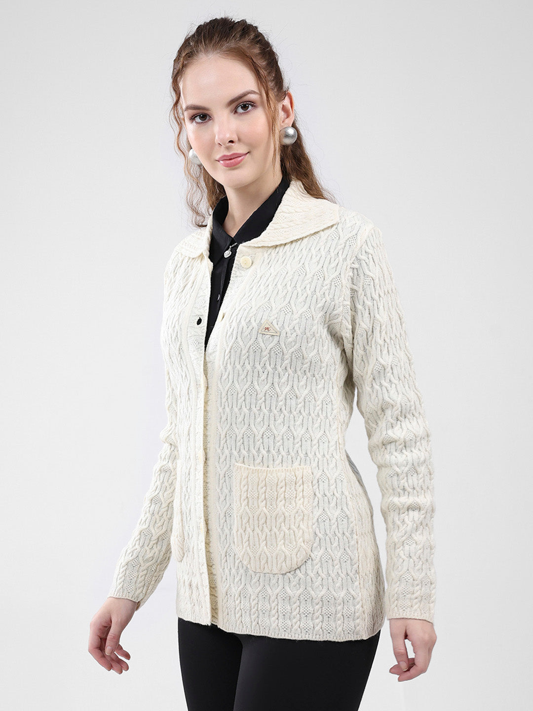 Women White Self Design Collar Full Sleeve Cardigan