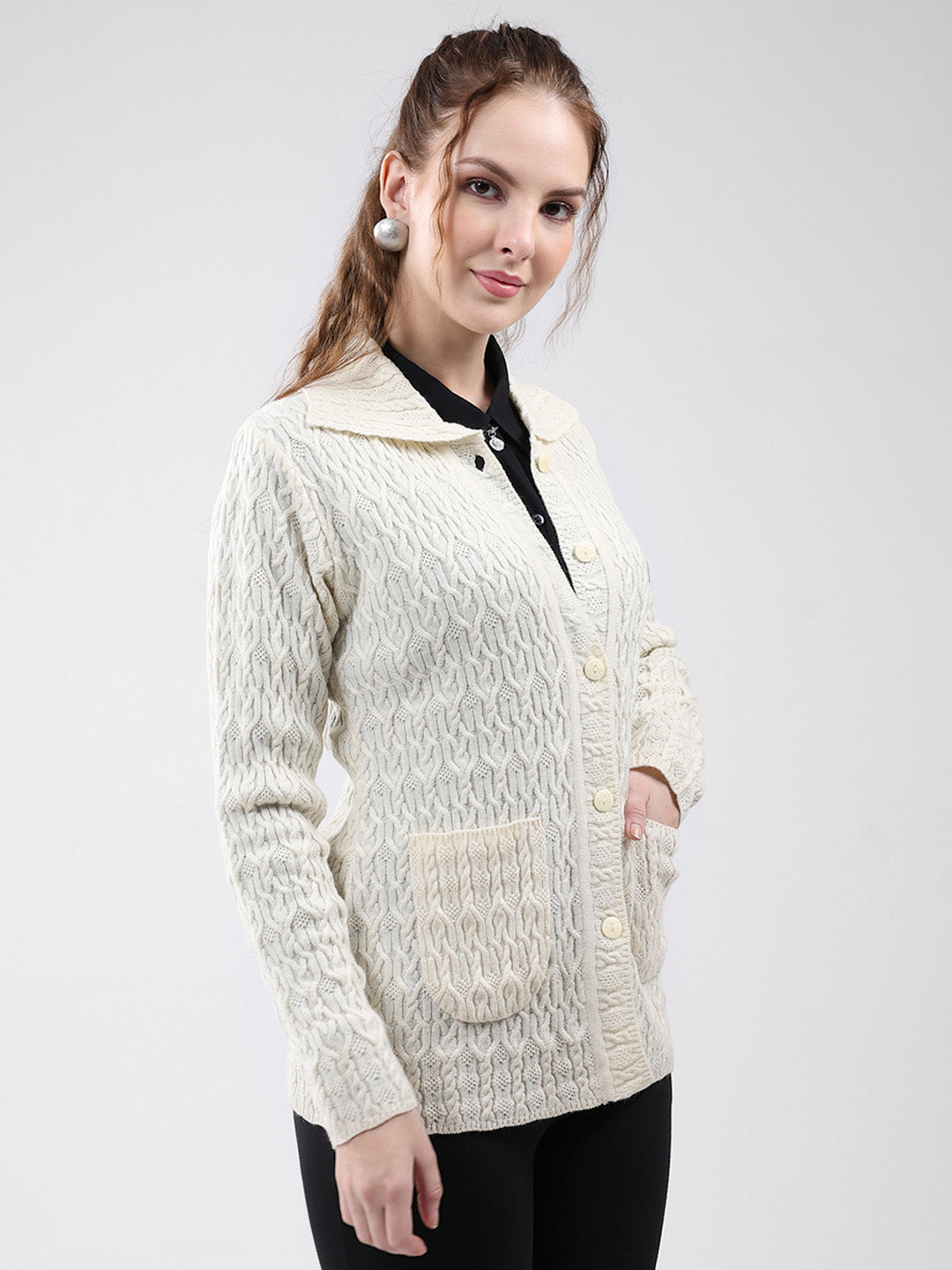 Women White Self Design Collar Full Sleeve Cardigan