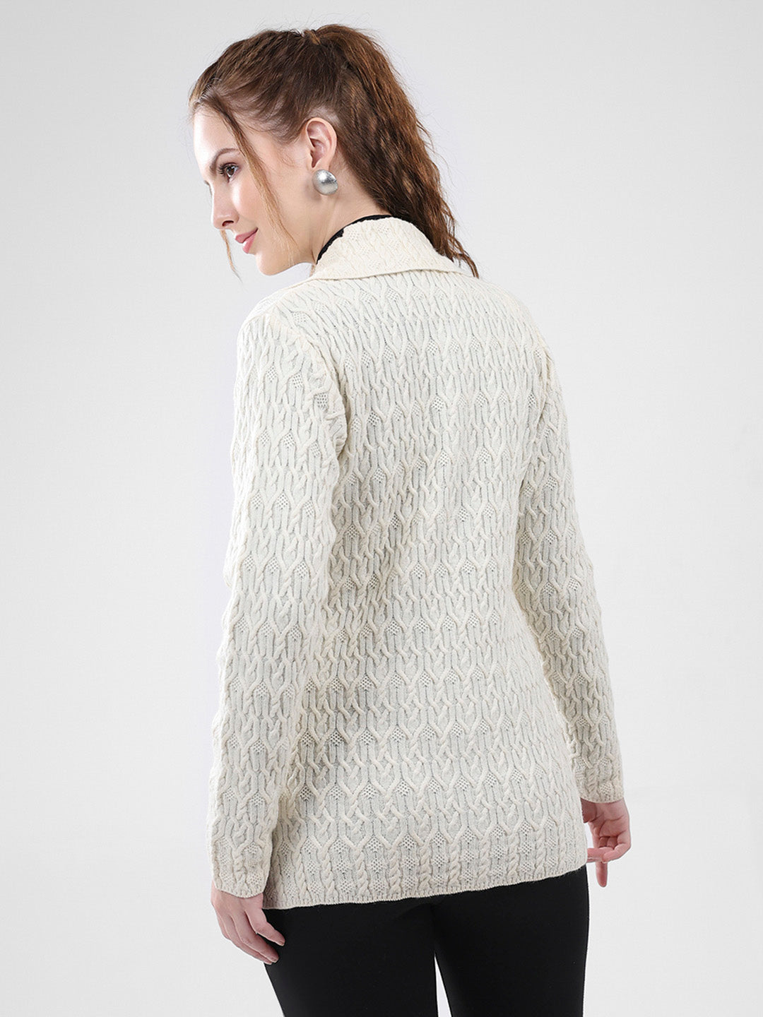 Women White Self Design Collar Full Sleeve Cardigan