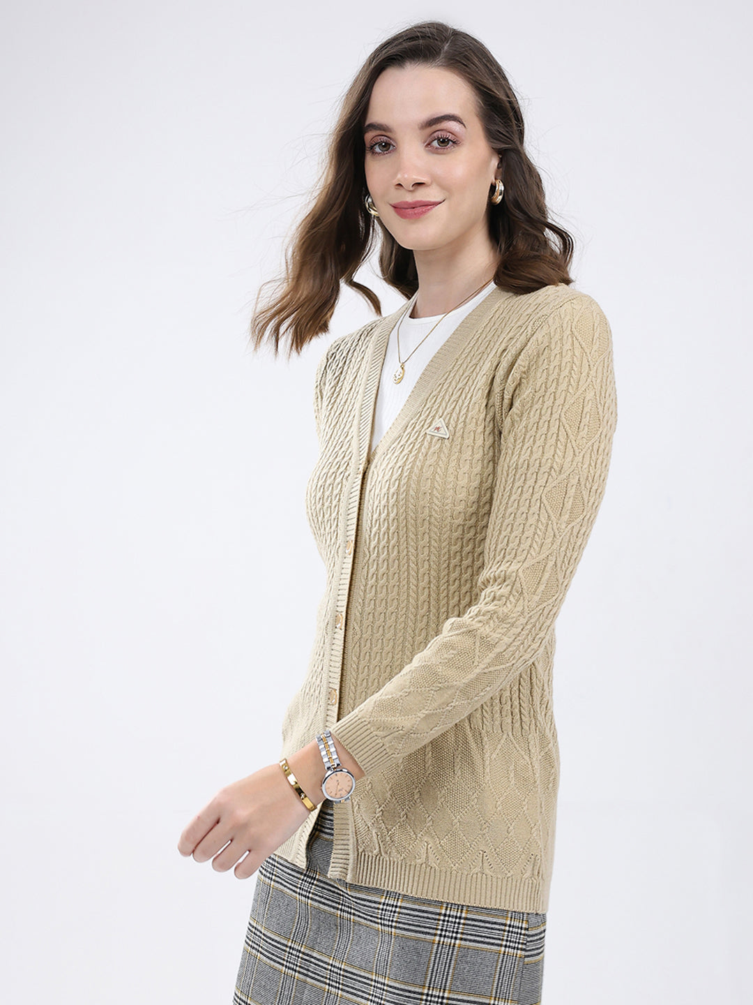 Women Beige Self Design V Neck Full Sleeve Cardigan