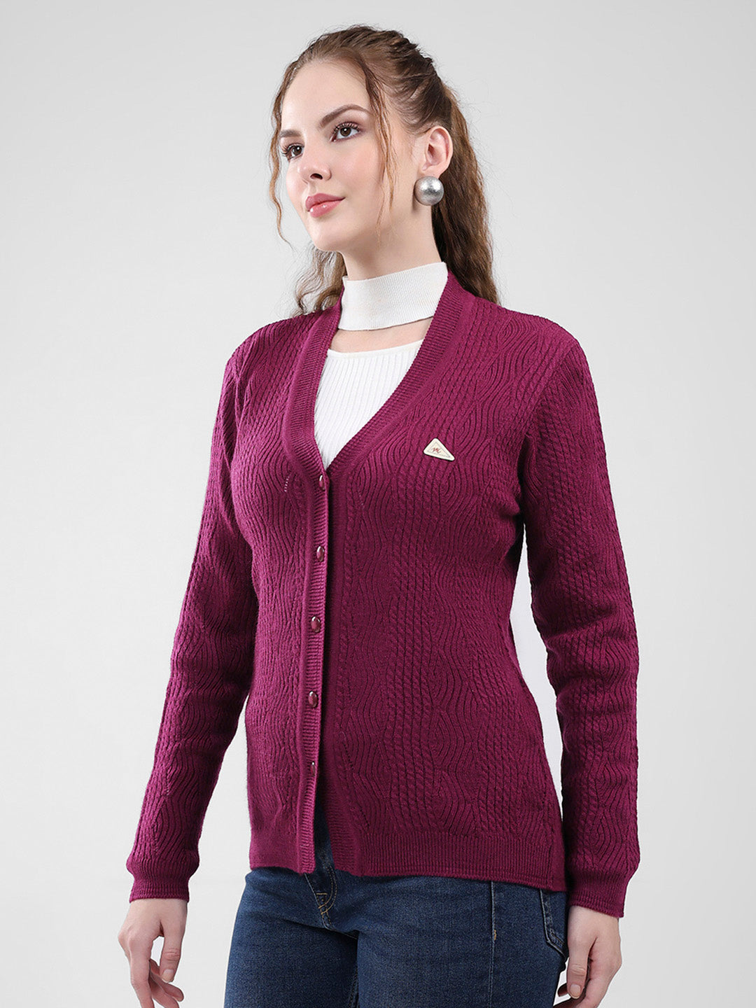 Women Purple Self Design V Neck Full Sleeve Cardigan