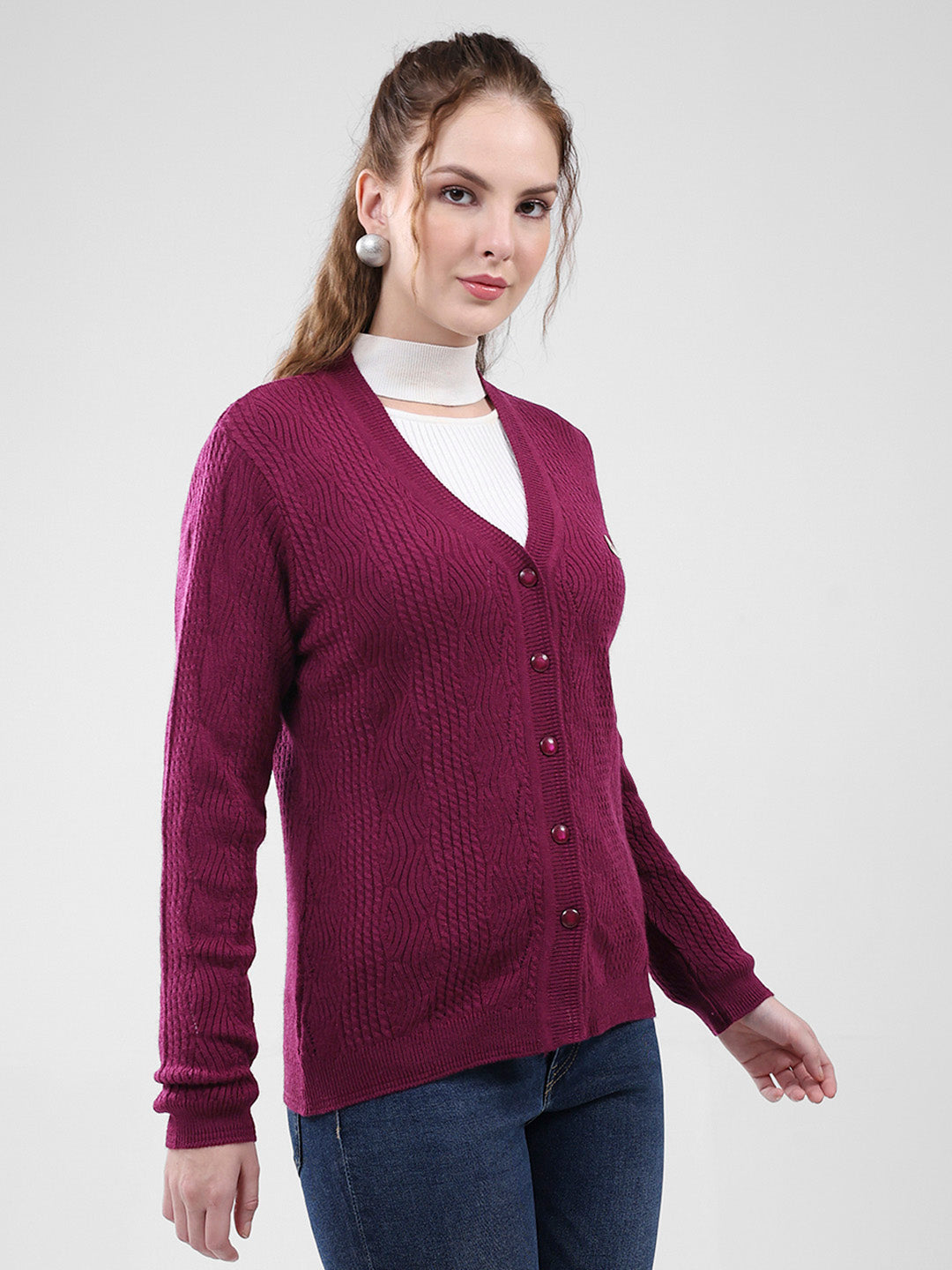 Women Purple Self Design V Neck Full Sleeve Cardigan