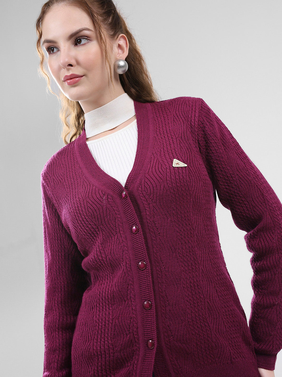 Women Purple Self Design V Neck Full Sleeve Cardigan