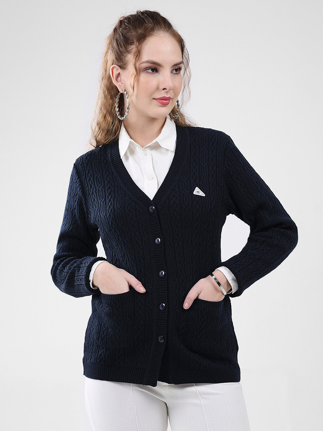 Women Navy Blue Self Design V Neck Full Sleeve Cardigan
