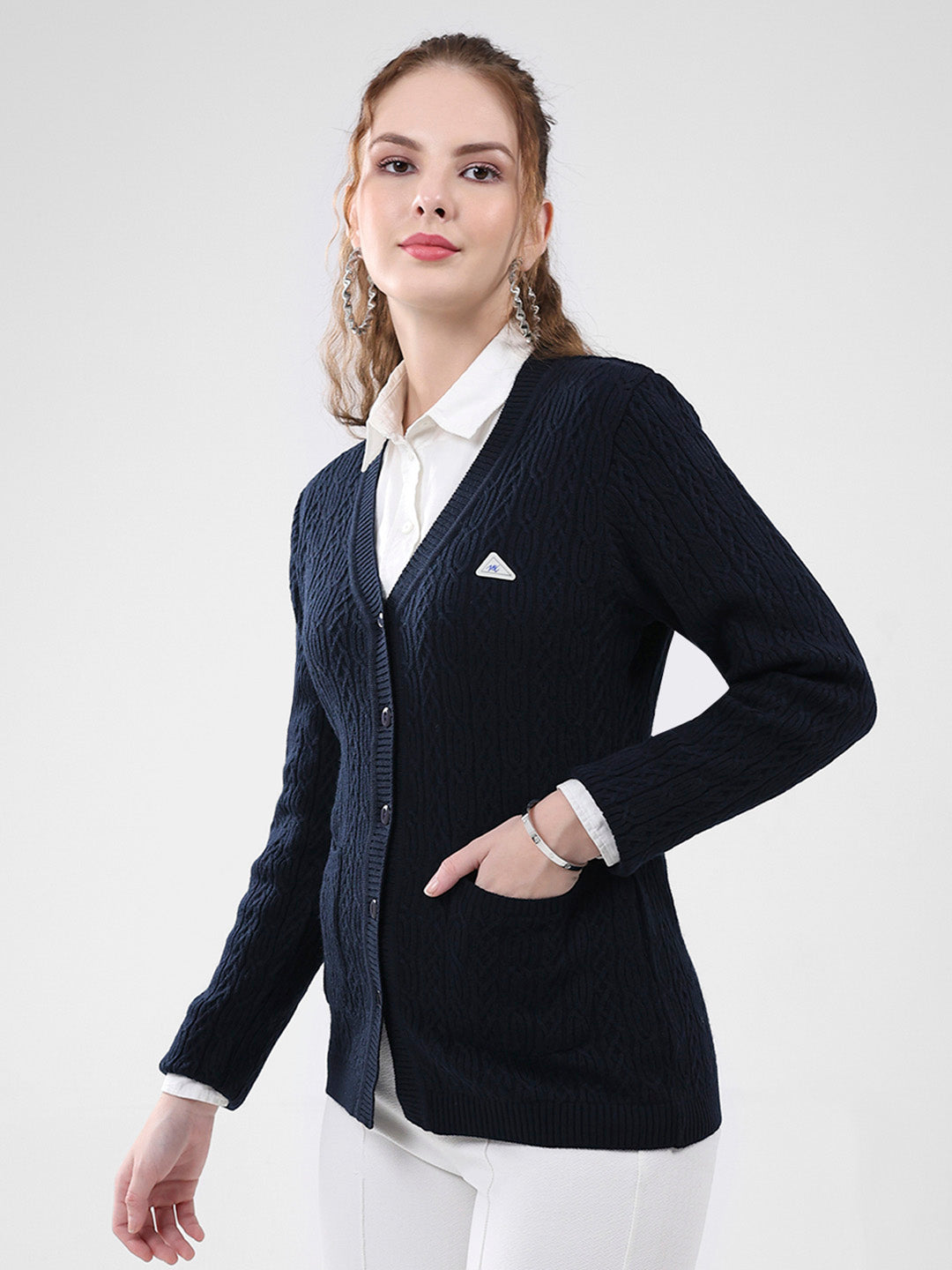 Women Navy Blue Self Design V Neck Full Sleeve Cardigan