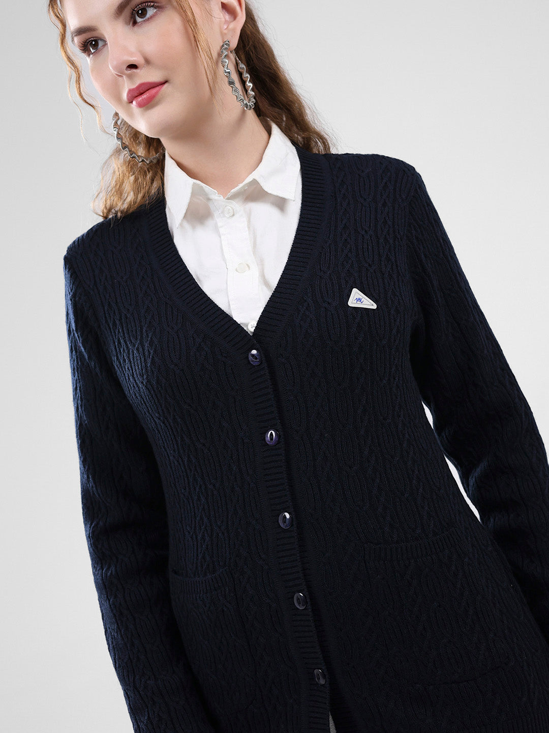 Women Navy Blue Self Design V Neck Full Sleeve Cardigan