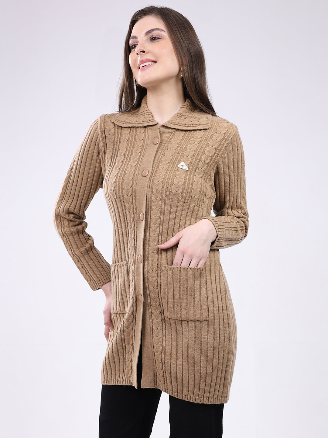 Women Brown Self Design Collar Full Sleeve Cardigan