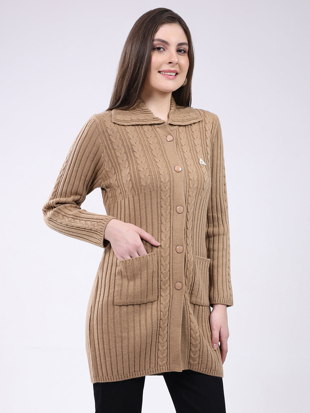 Women Brown Self Design Collar Full Sleeve Cardigan