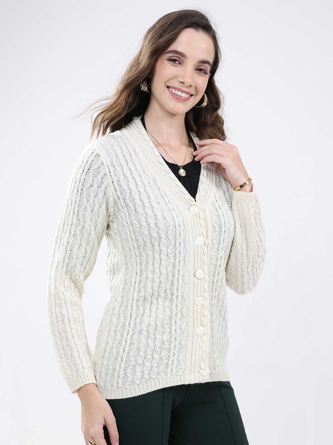 Women White Self Design V Neck Full Sleeve Cardigan