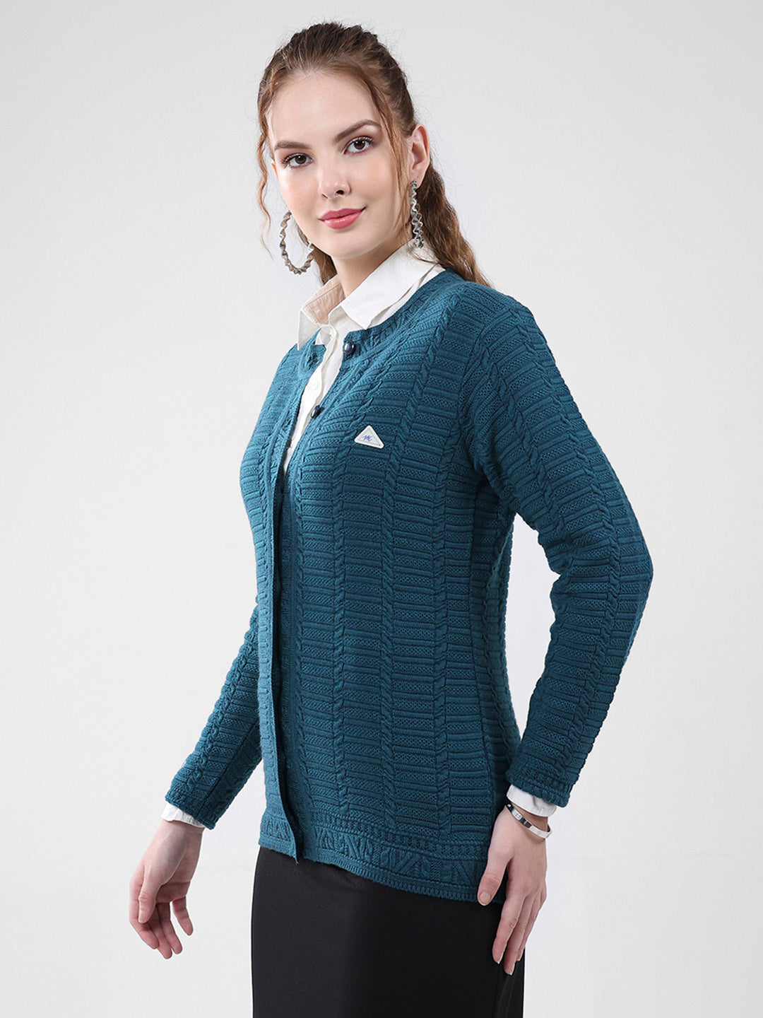 Women Teal Blue Self Design Round Neck Full Sleeve Cardigan