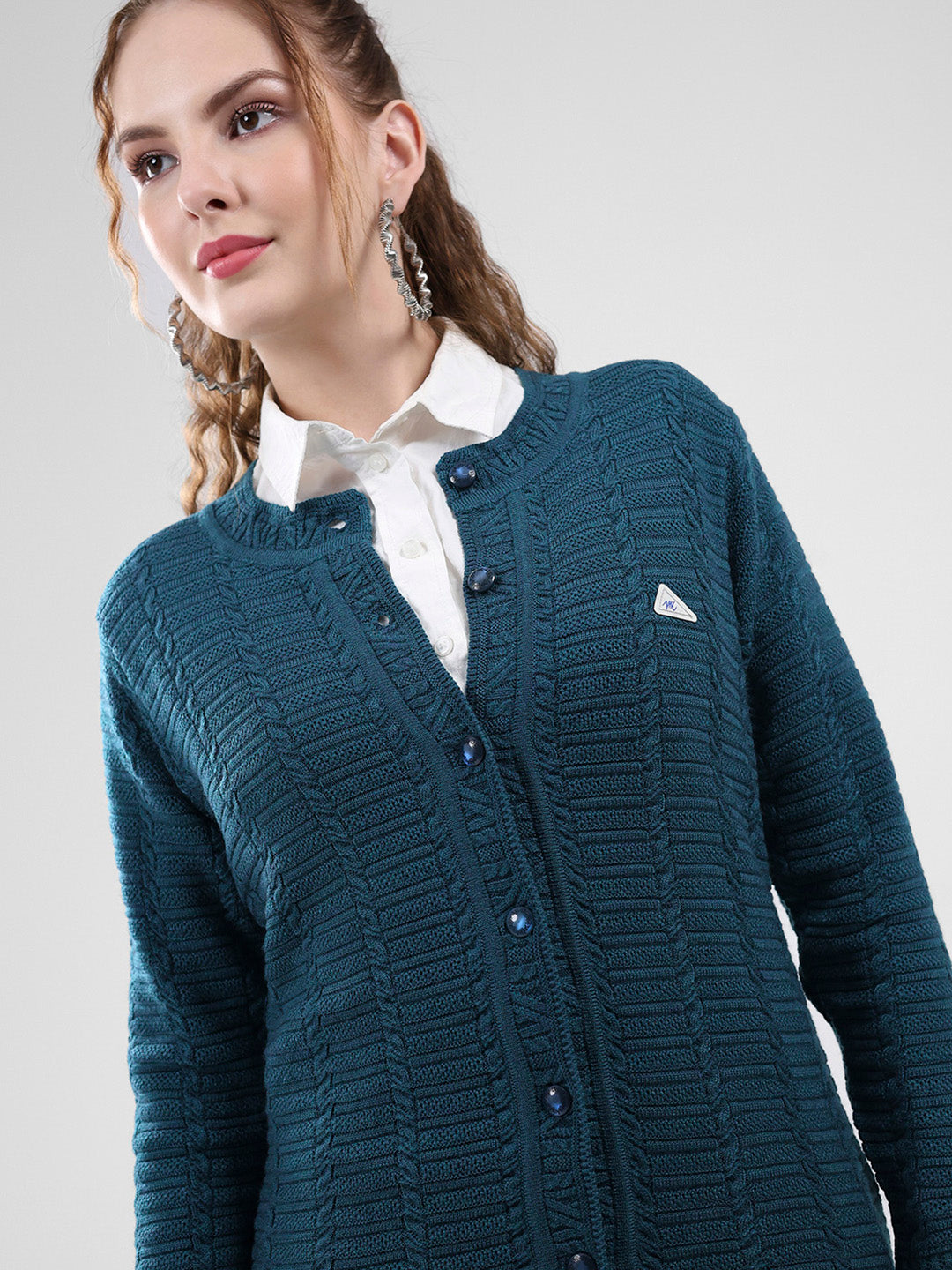 Women Teal Blue Self Design Round Neck Full Sleeve Cardigan