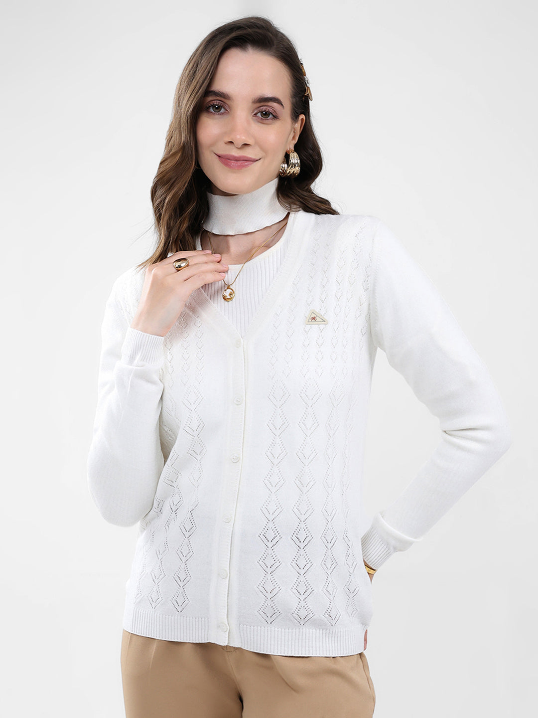 Women White Self Design V Neck Full Sleeve Cardigan