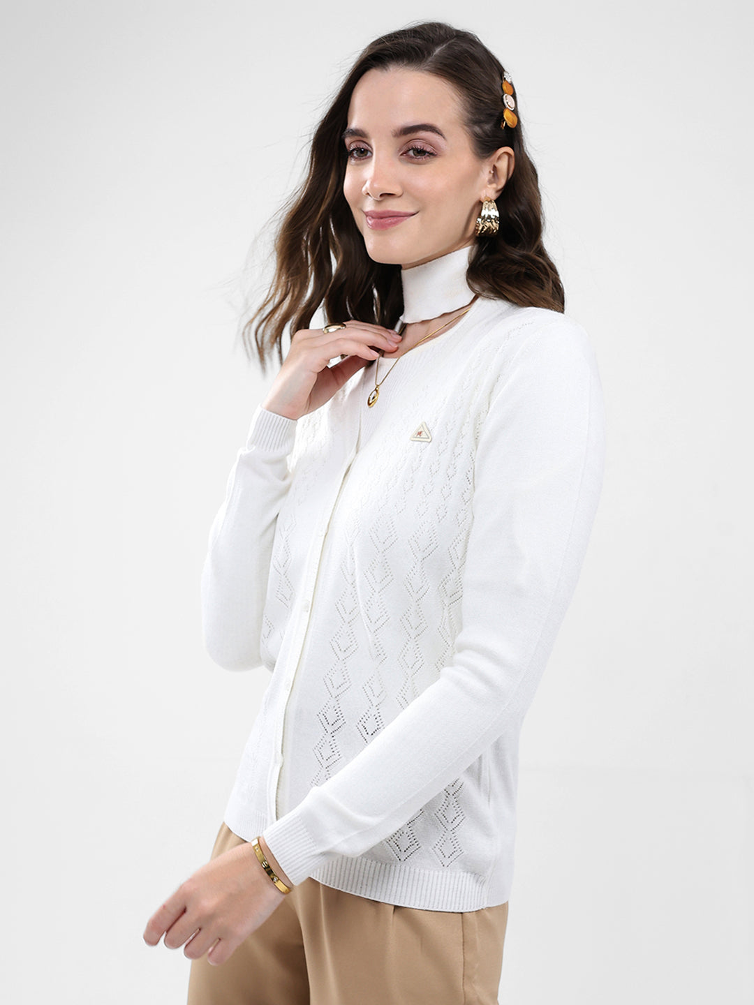 Women White Self Design V Neck Full Sleeve Cardigan