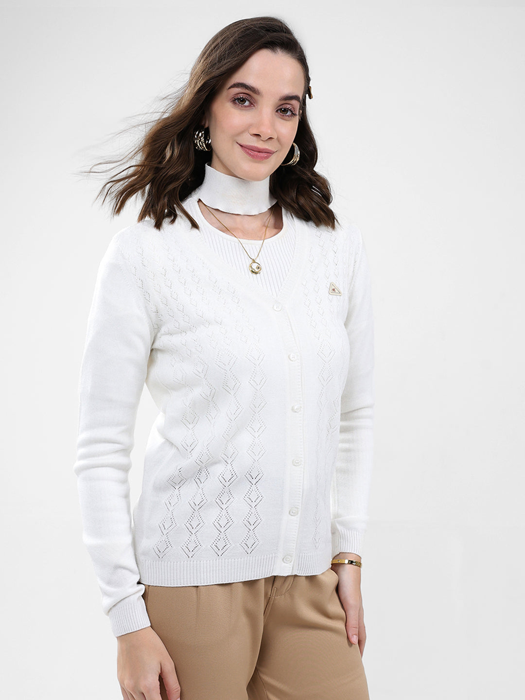 Women White Self Design V Neck Full Sleeve Cardigan