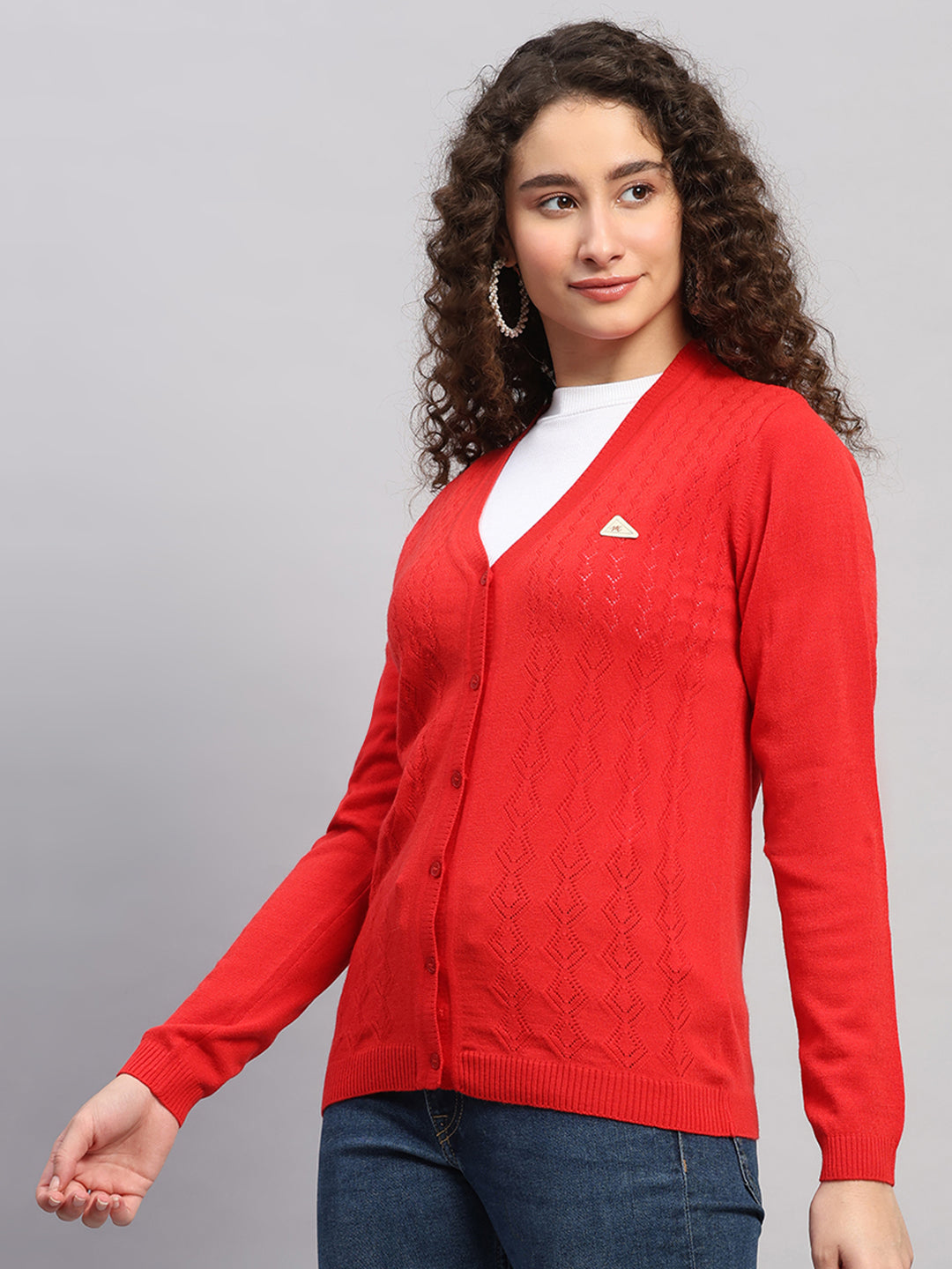 Women Red Self Design V Neck Full Sleeve Cardigan
