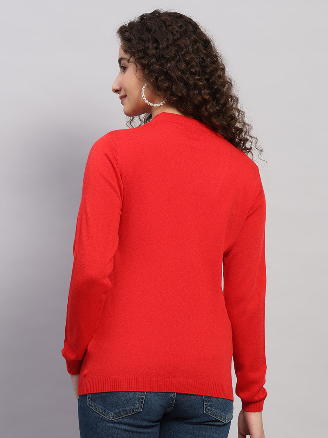 Women Red Self Design V Neck Full Sleeve Cardigan