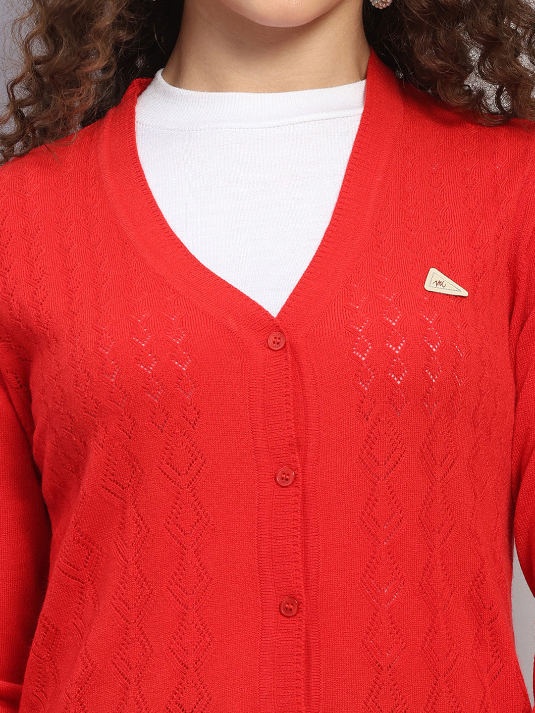 Women Red Self Design V Neck Full Sleeve Cardigan