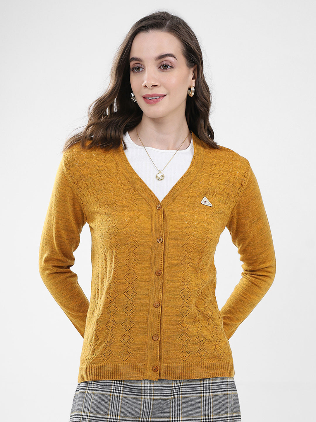 Women Mustard Self Design V Neck Full Sleeve Cardigan