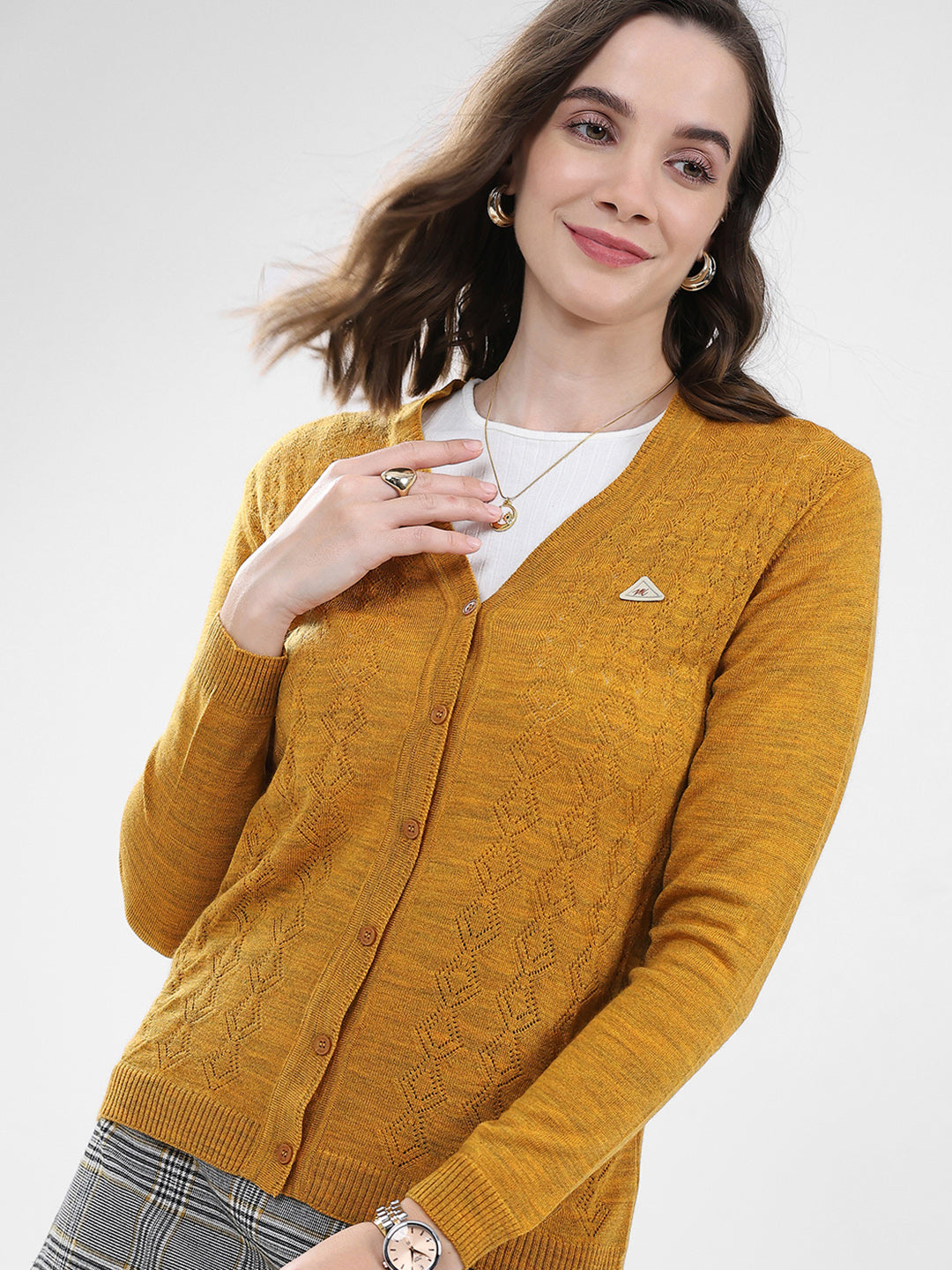 Women Mustard Self Design V Neck Full Sleeve Cardigan