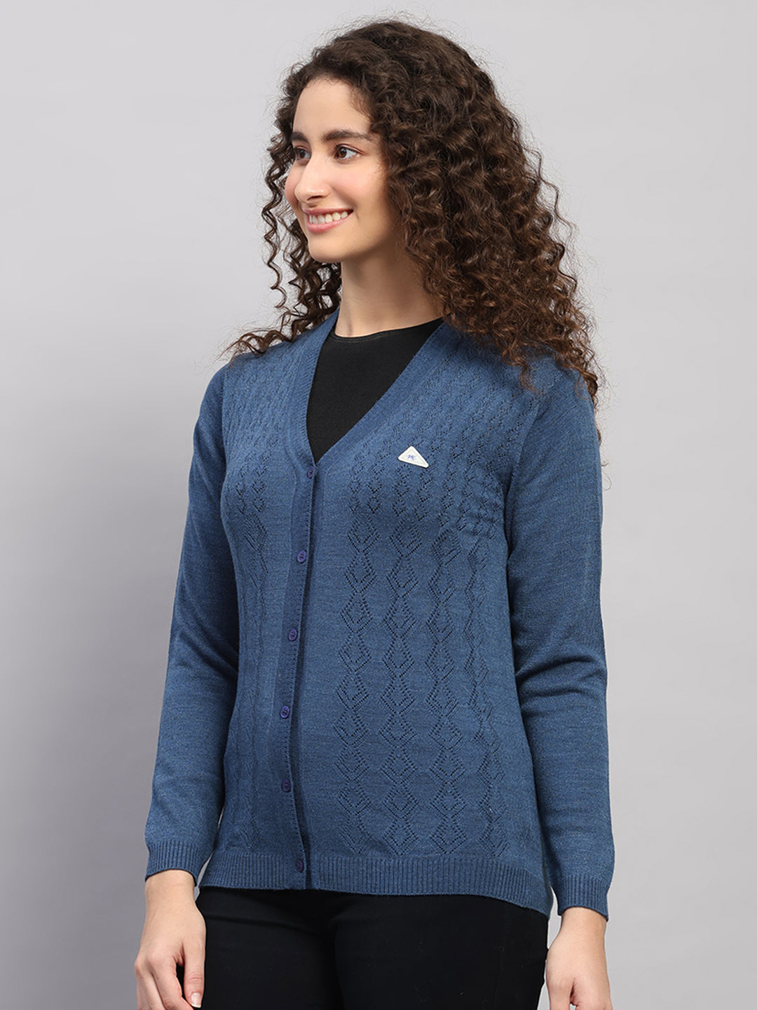 Women Blue Self Design V Neck Full Sleeve Cardigan