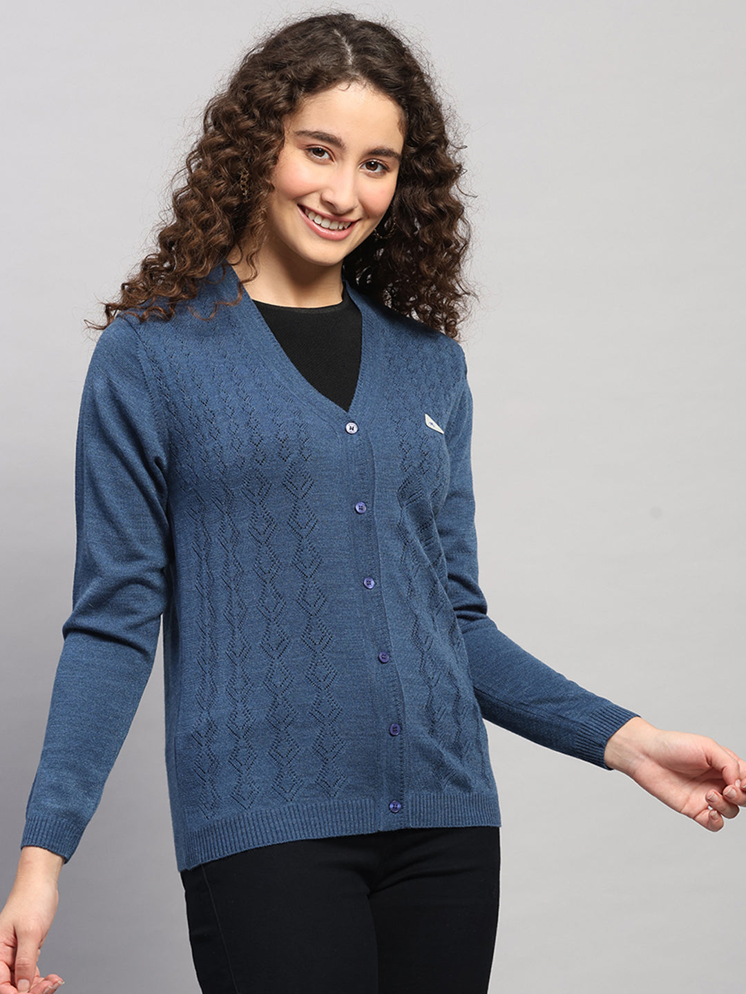 Women Blue Self Design V Neck Full Sleeve Cardigan