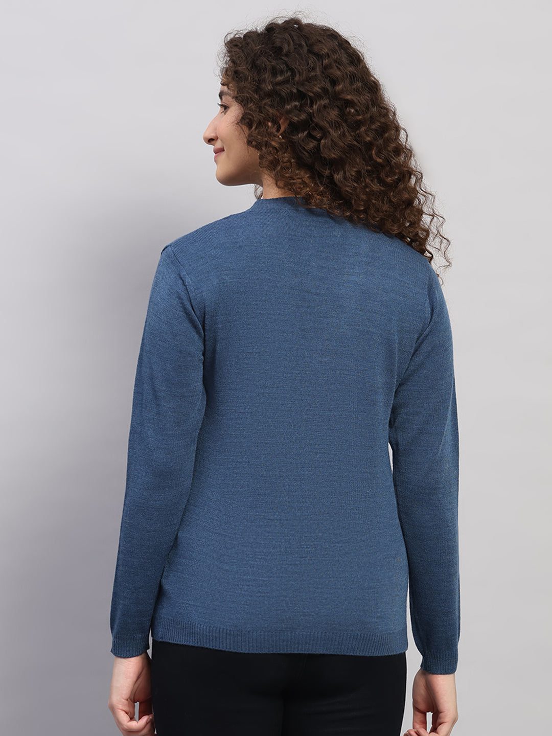 Women Blue Self Design V Neck Full Sleeve Cardigan