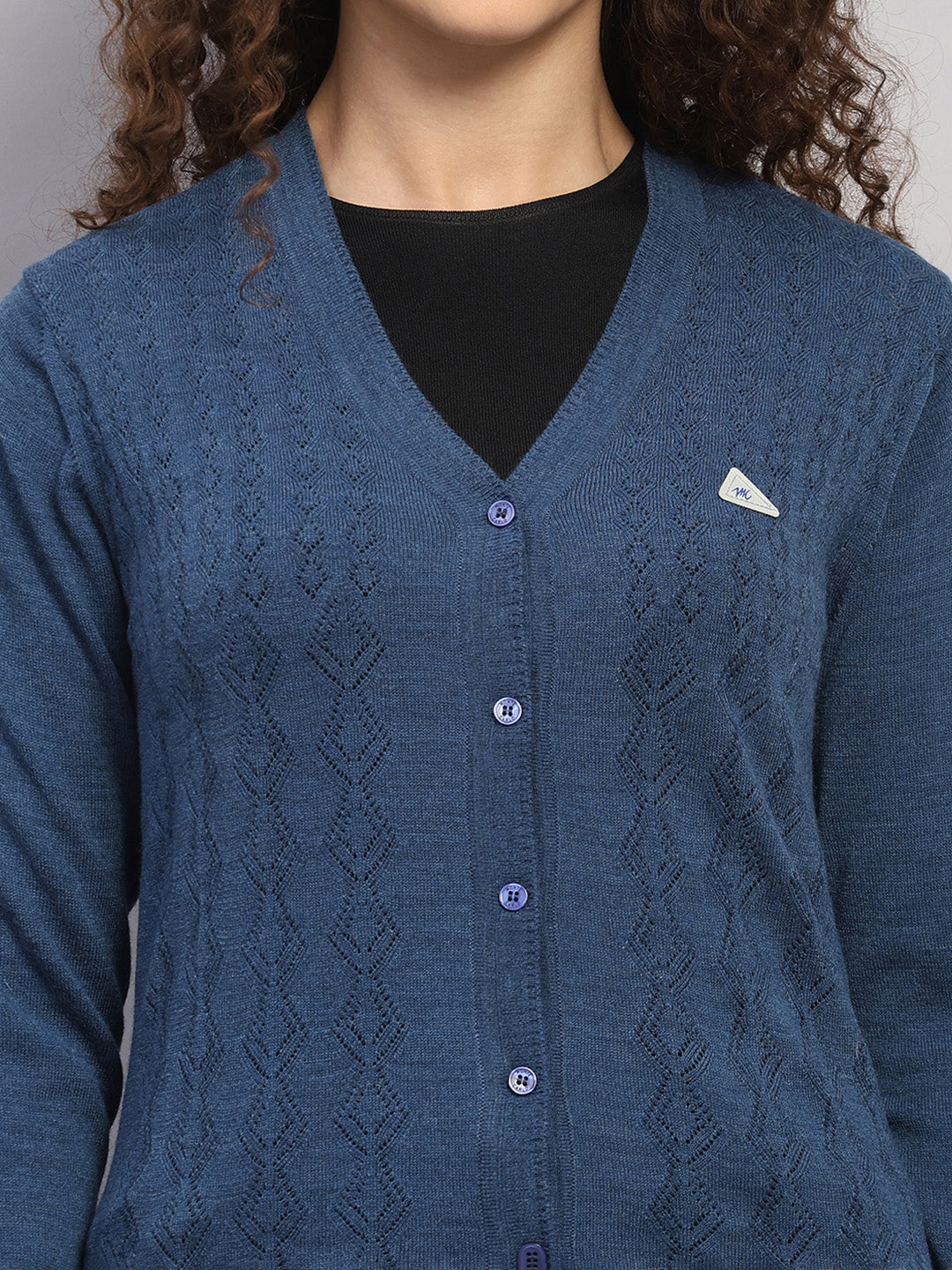 Women Blue Self Design V Neck Full Sleeve Cardigan