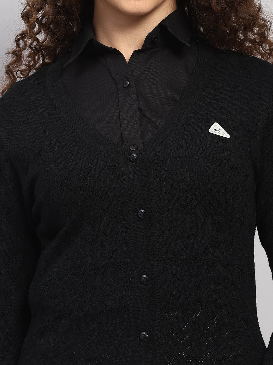 Women Black Self Design V Neck Full Sleeve Cardigan