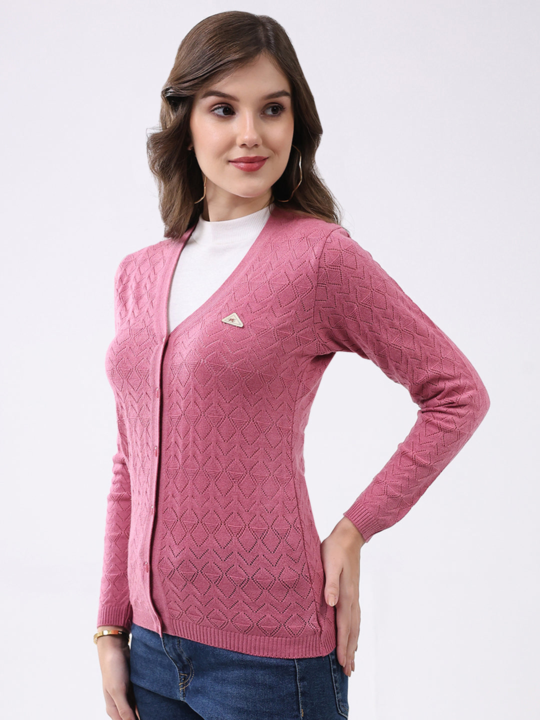Women Pink Self Design V Neck Full Sleeve Cardigan