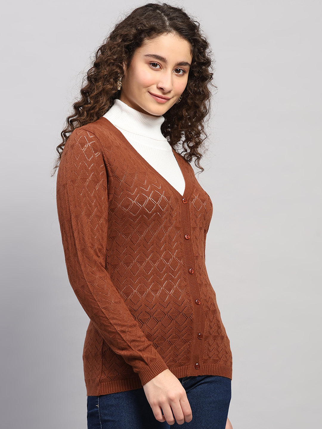 Women Brown Self Design V Neck Full Sleeve Cardigan