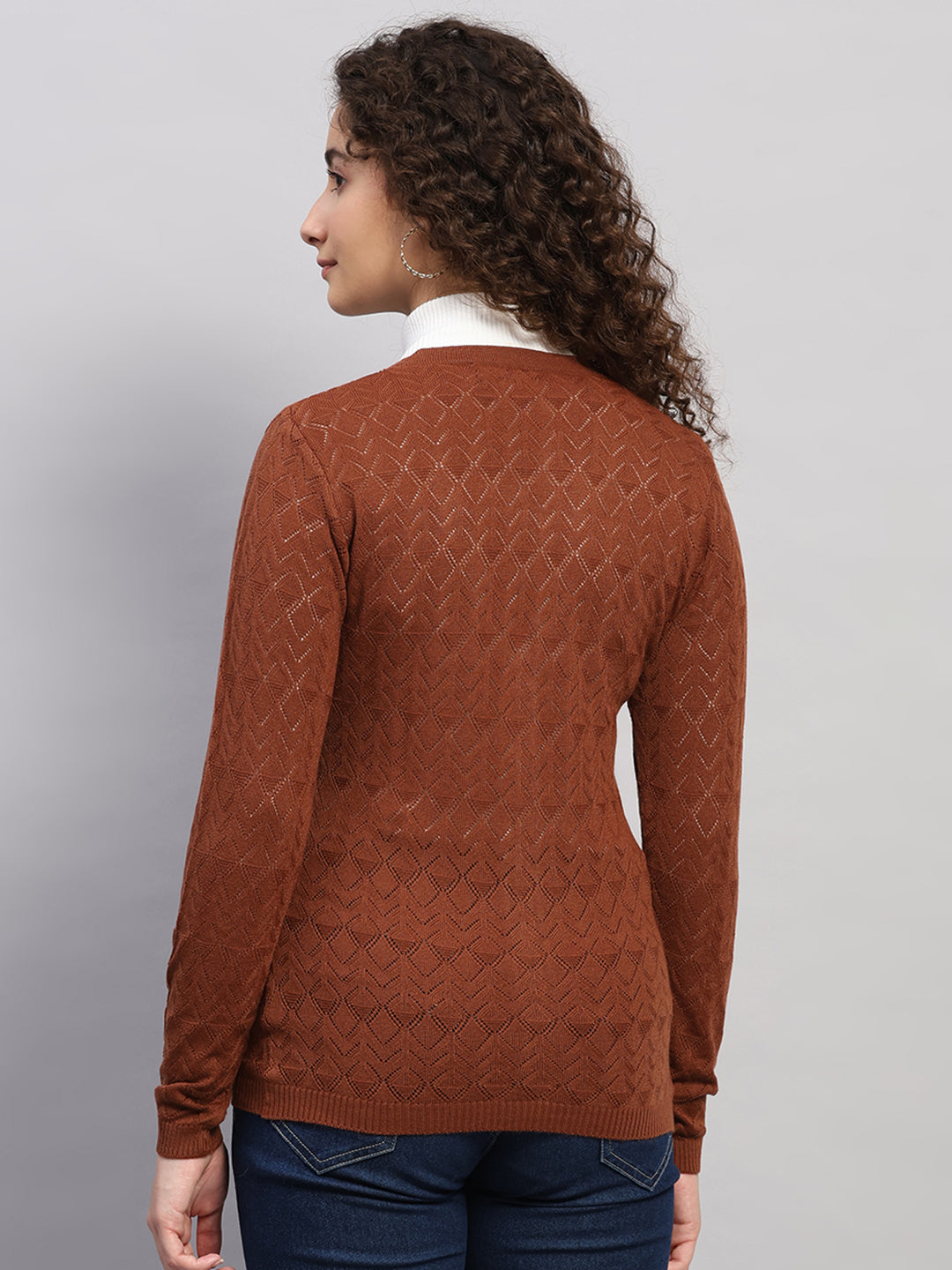 Women Brown Self Design V Neck Full Sleeve Cardigan