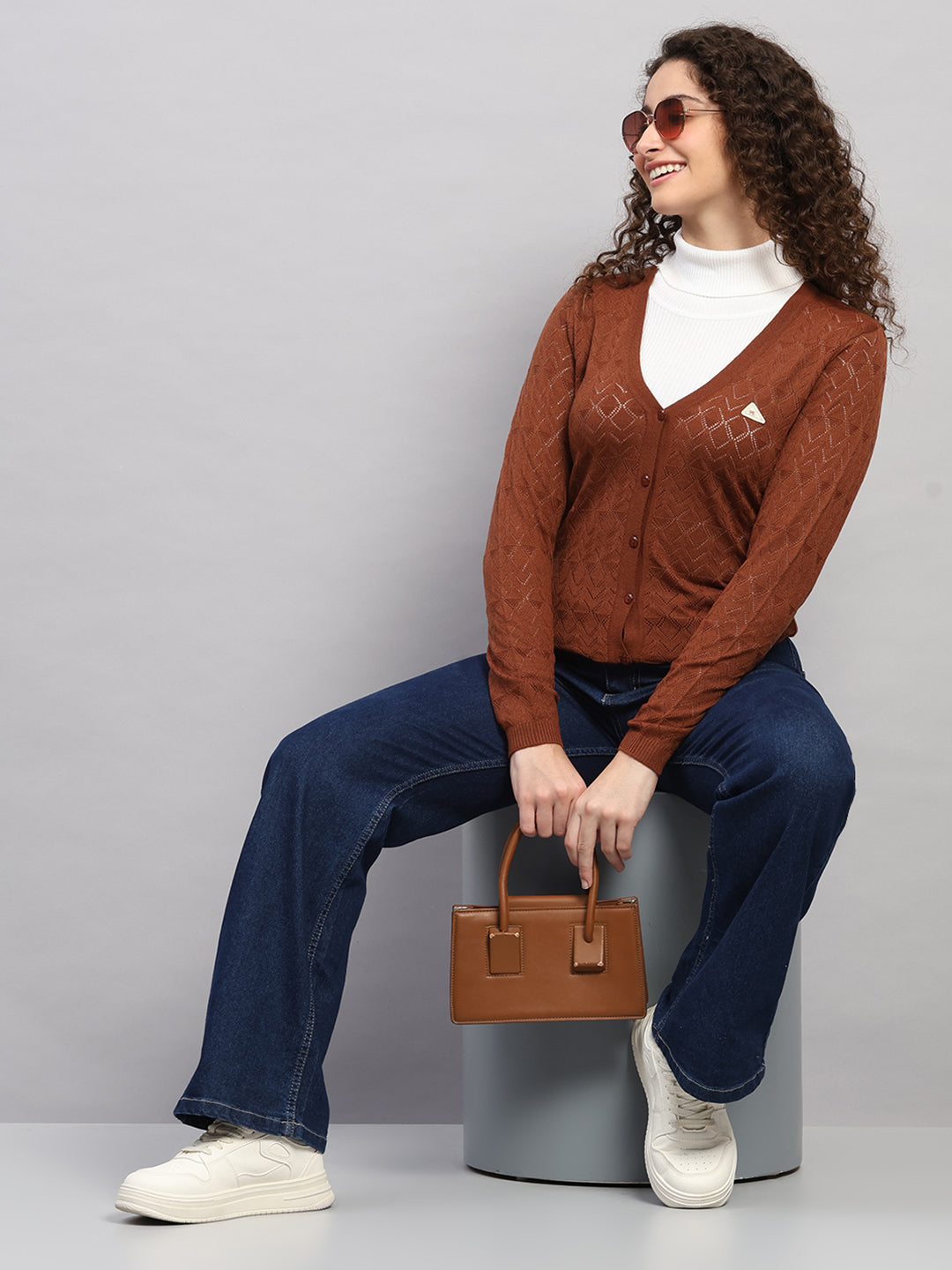 Women Brown Self Design V Neck Full Sleeve Cardigan