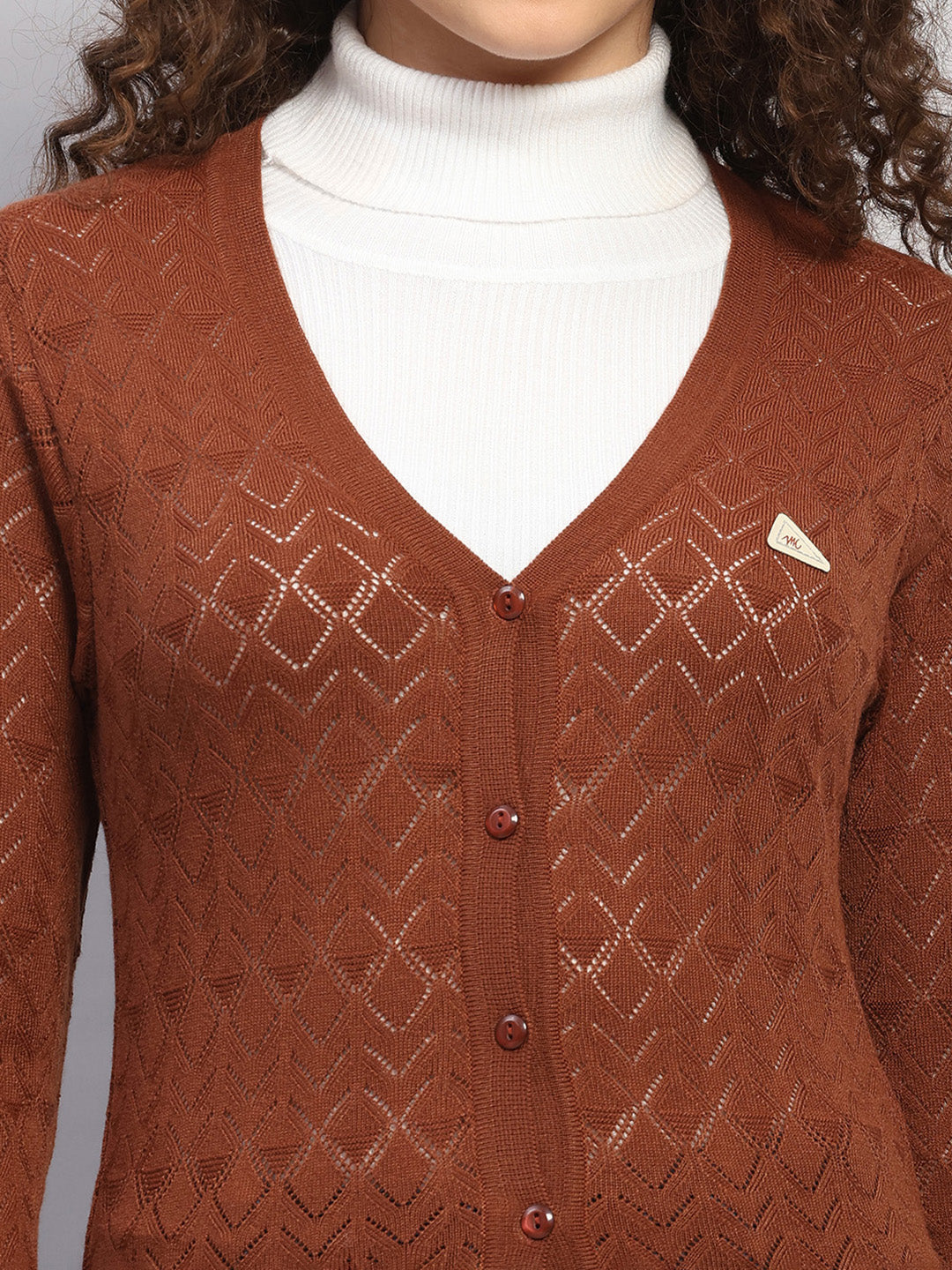 Women Brown Self Design V Neck Full Sleeve Cardigan