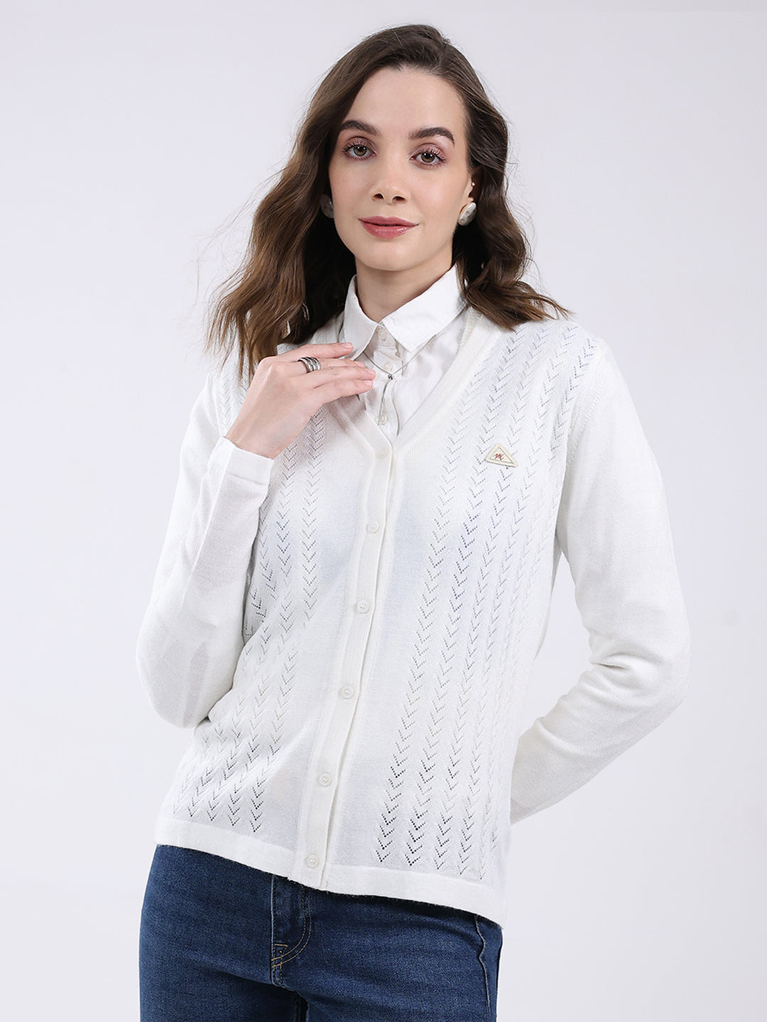 Women White Self Design V Neck Full Sleeve Cardigan