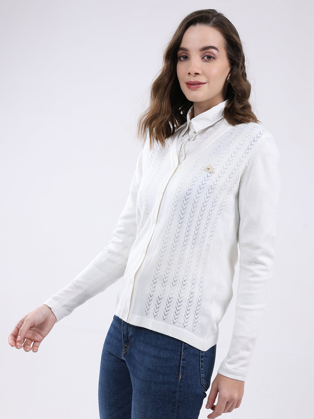 Women White Self Design V Neck Full Sleeve Cardigan