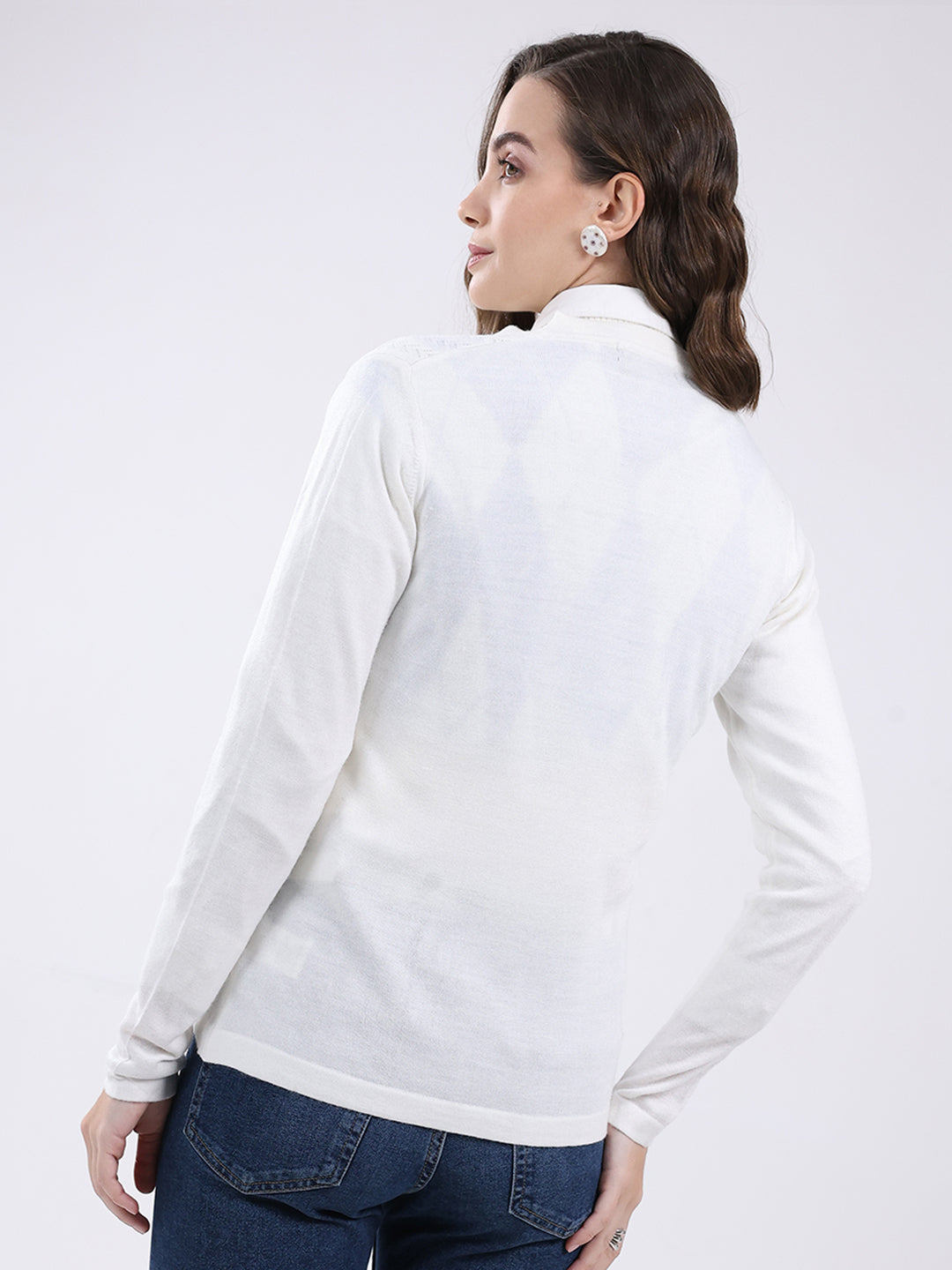 Women White Self Design V Neck Full Sleeve Cardigan