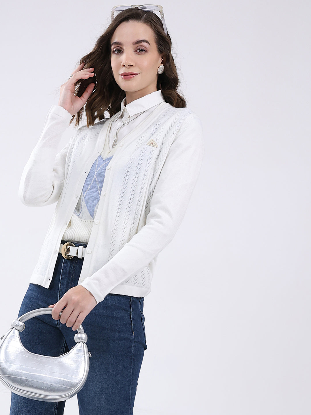 Women White Self Design V Neck Full Sleeve Cardigan