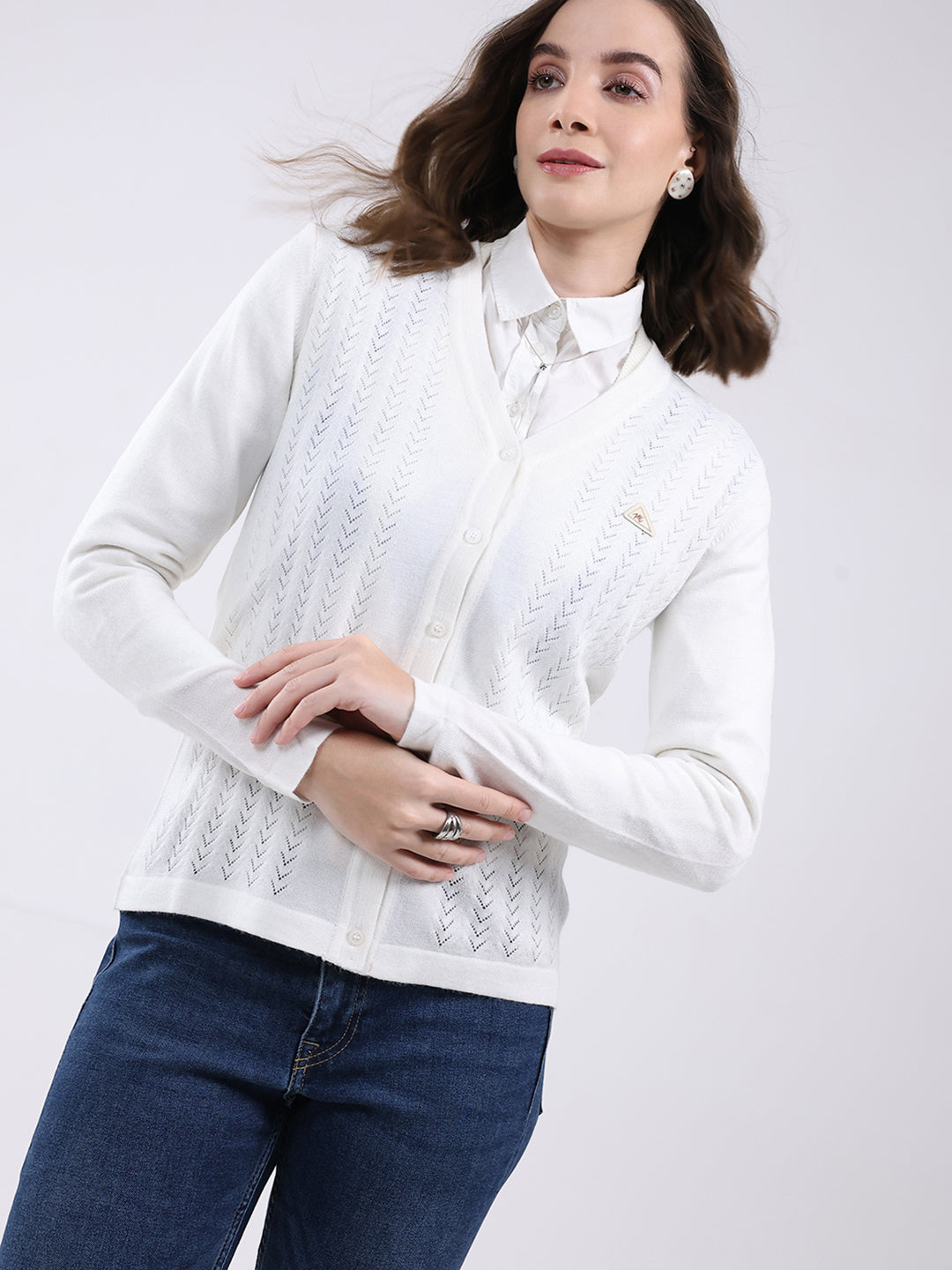Women White Self Design V Neck Full Sleeve Cardigan