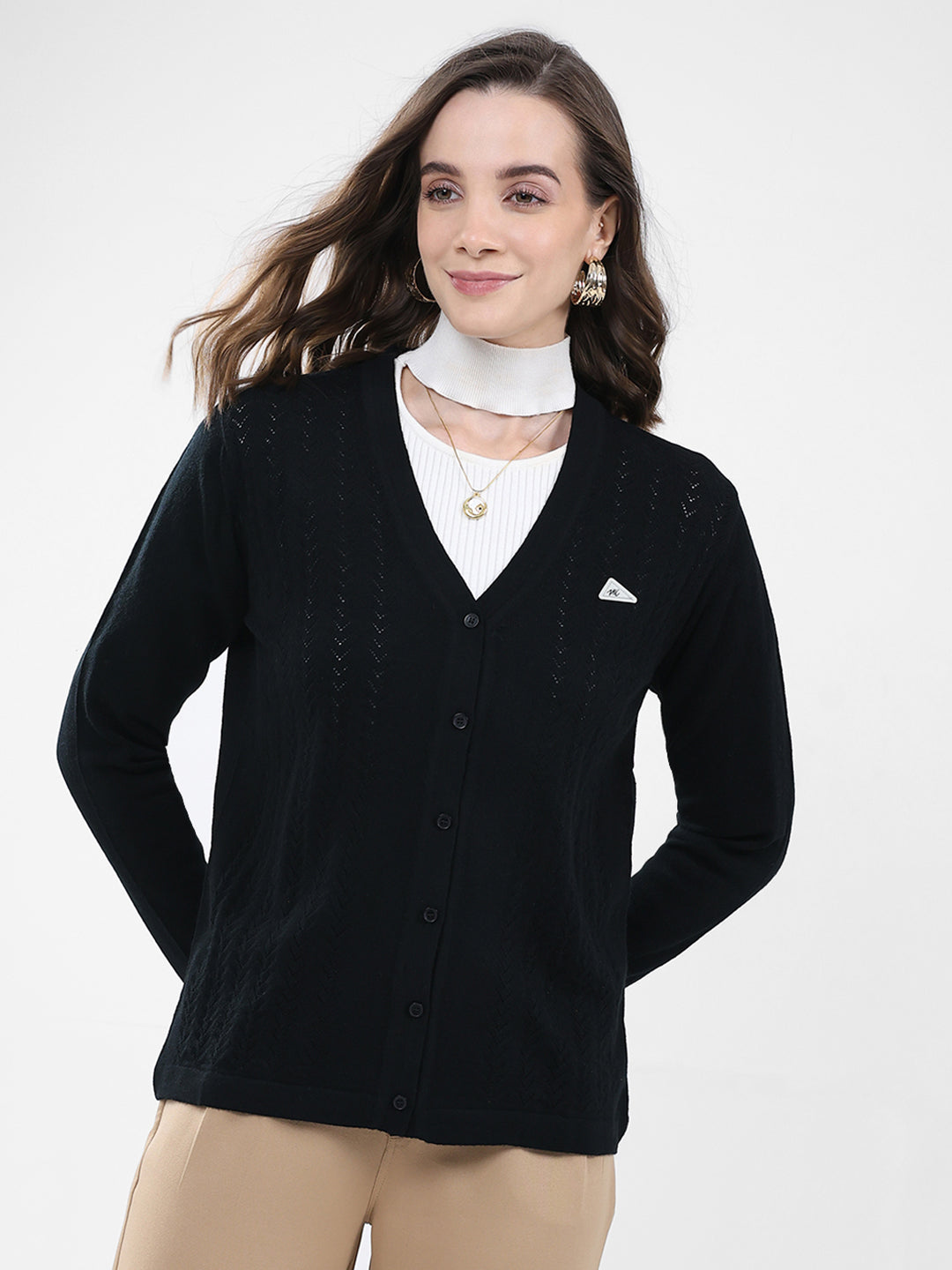 Women Black Self Design V Neck Full Sleeve Cardigan
