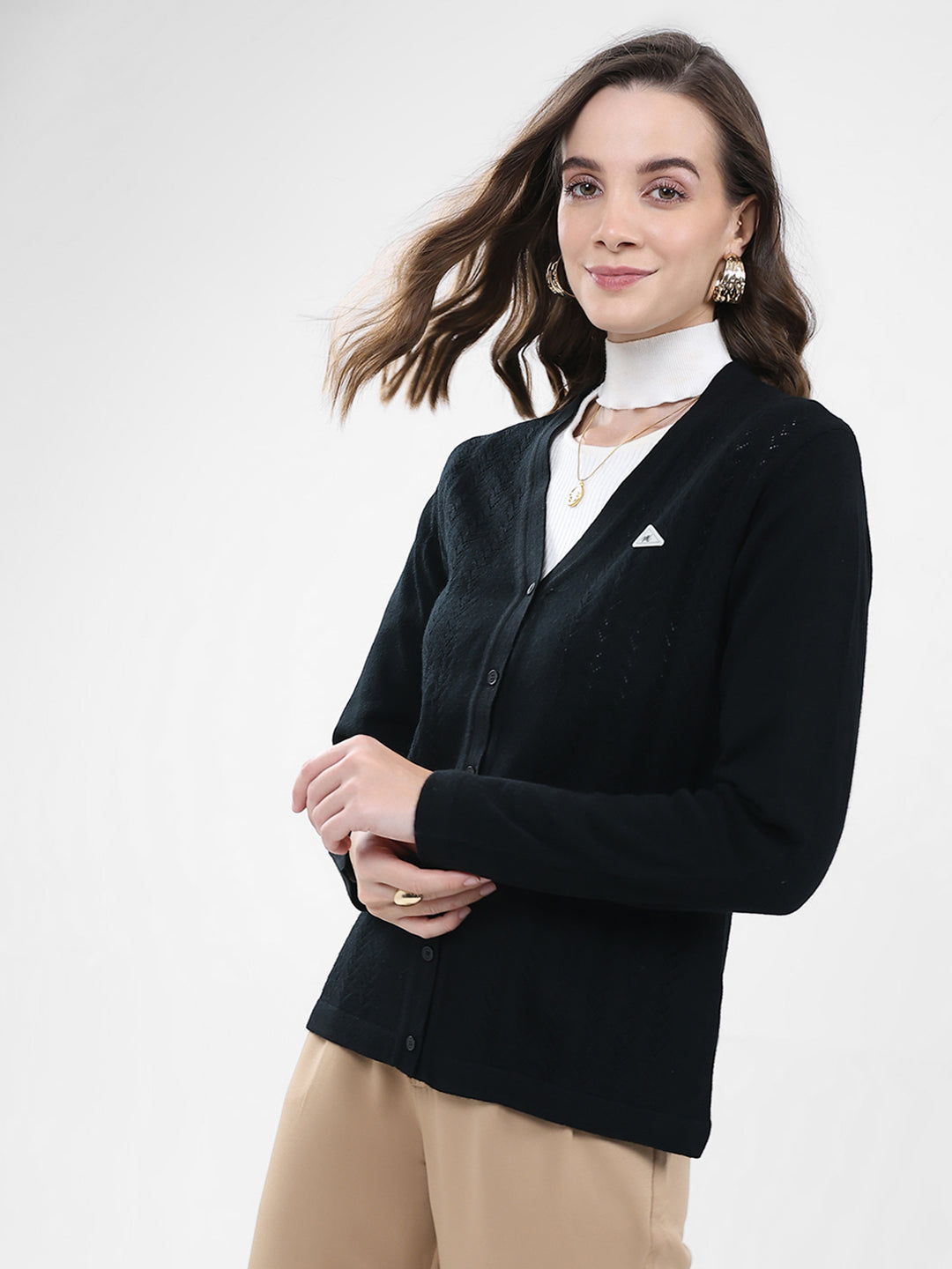 Women Black Self Design V Neck Full Sleeve Cardigan