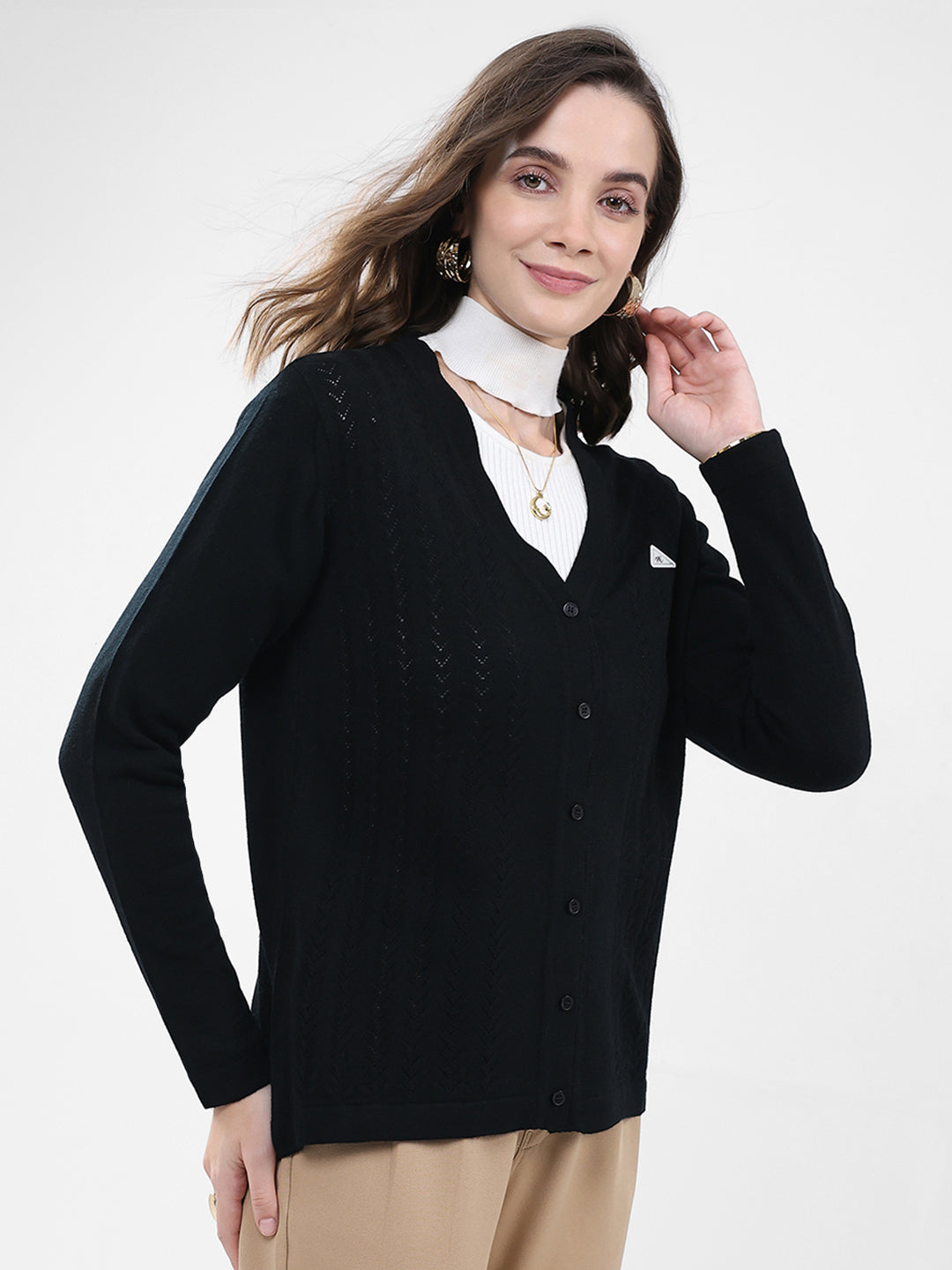 Women Black Self Design V Neck Full Sleeve Cardigan