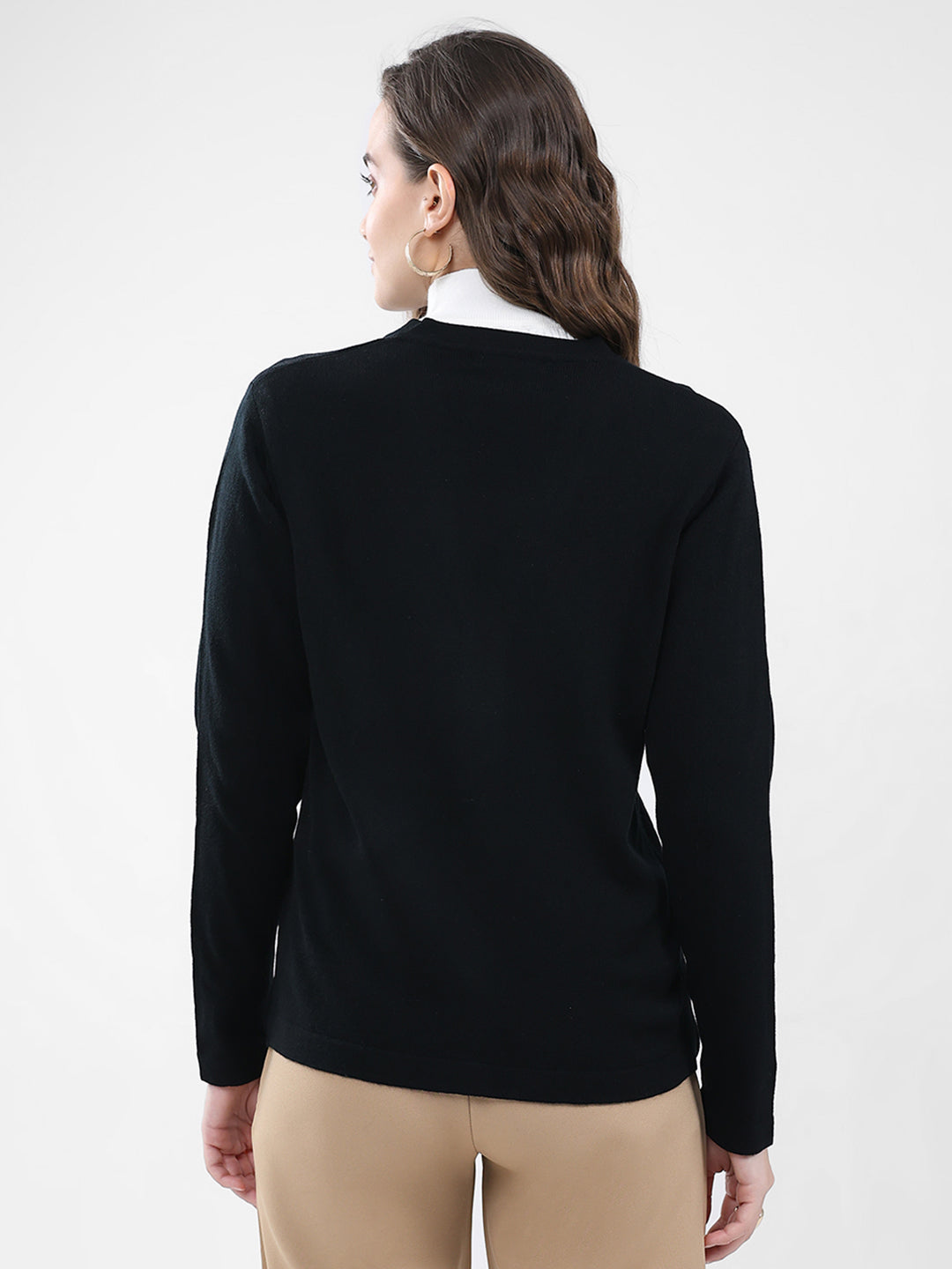 Women Black Self Design V Neck Full Sleeve Cardigan