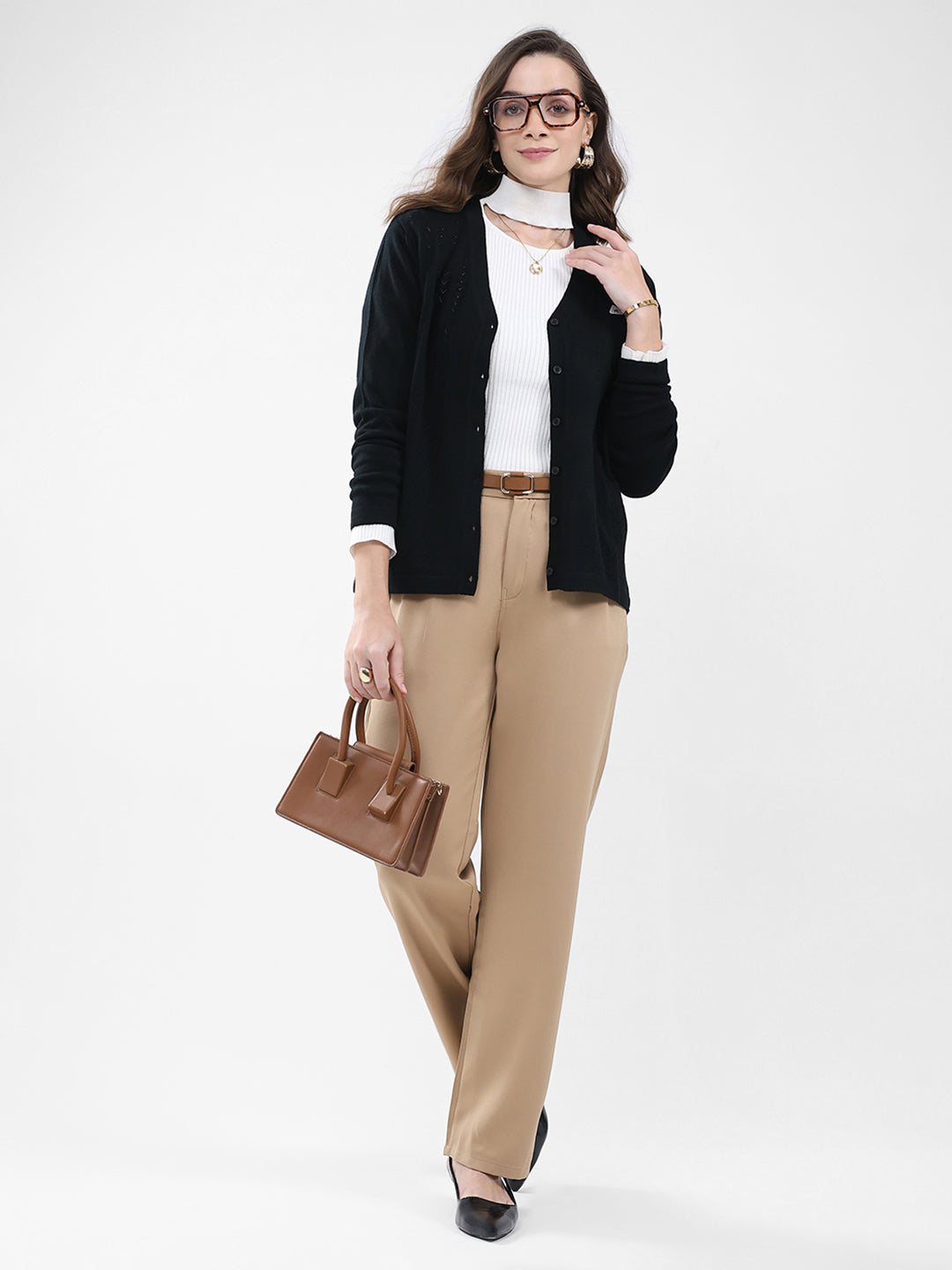 Women Black Self Design V Neck Full Sleeve Cardigan