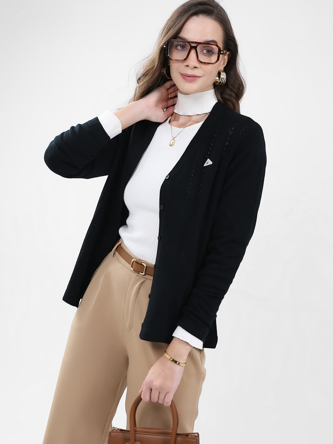 Women Black Self Design V Neck Full Sleeve Cardigan