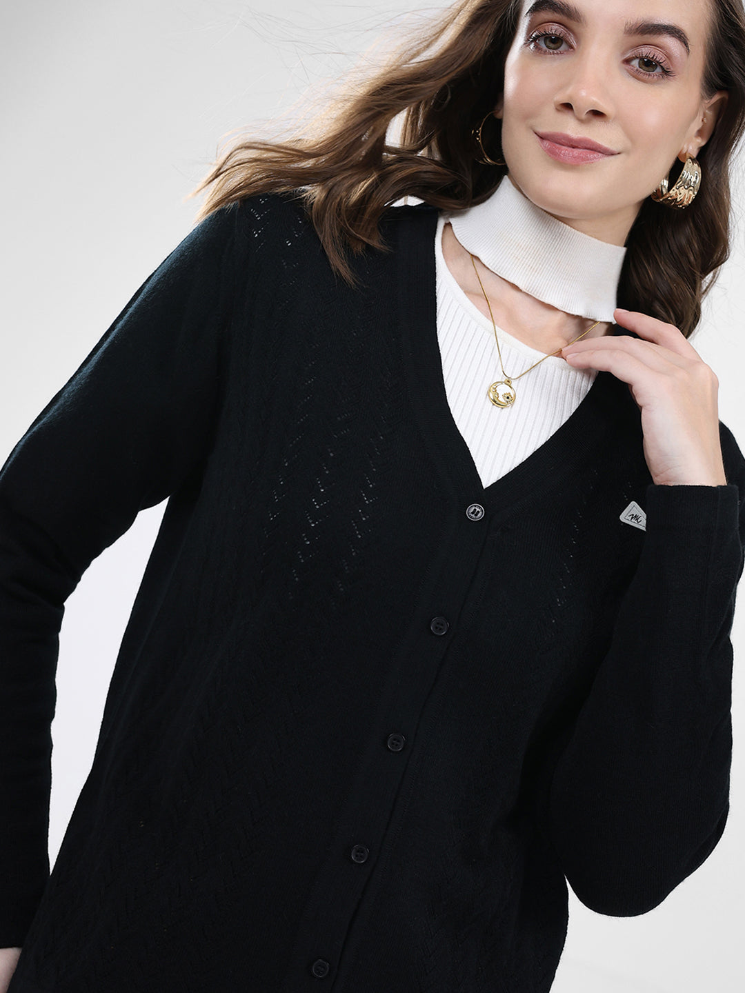 Women Black Self Design V Neck Full Sleeve Cardigan