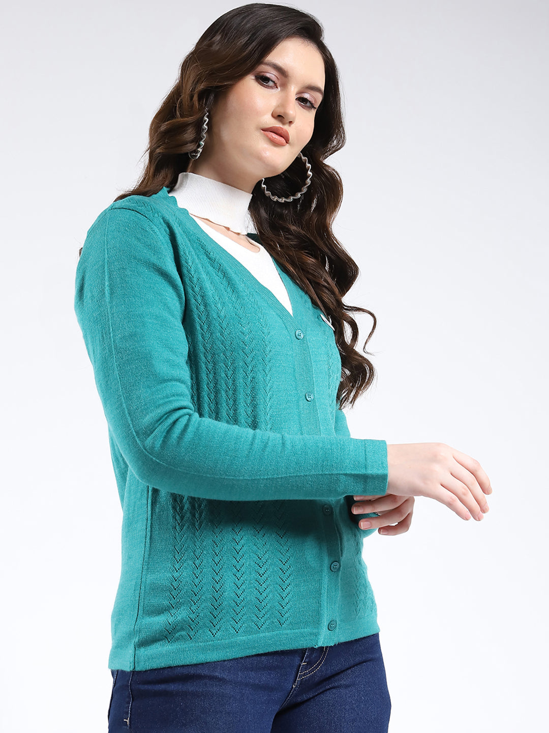Women Teal Blue Self Design V Neck Full Sleeve Cardigan